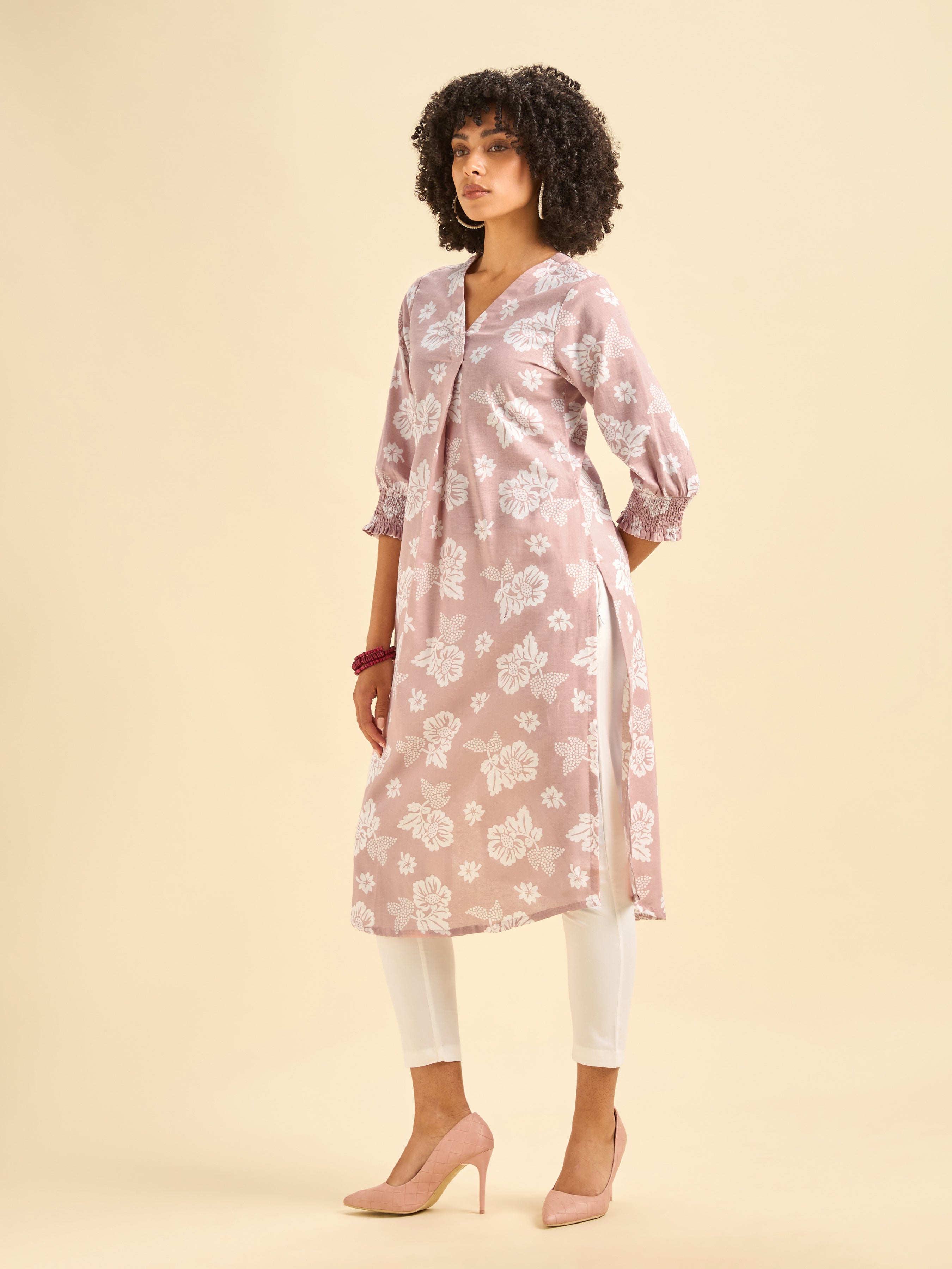 Pink and White Cotton Flax Printed Slit Kurti With Smocking Cuff