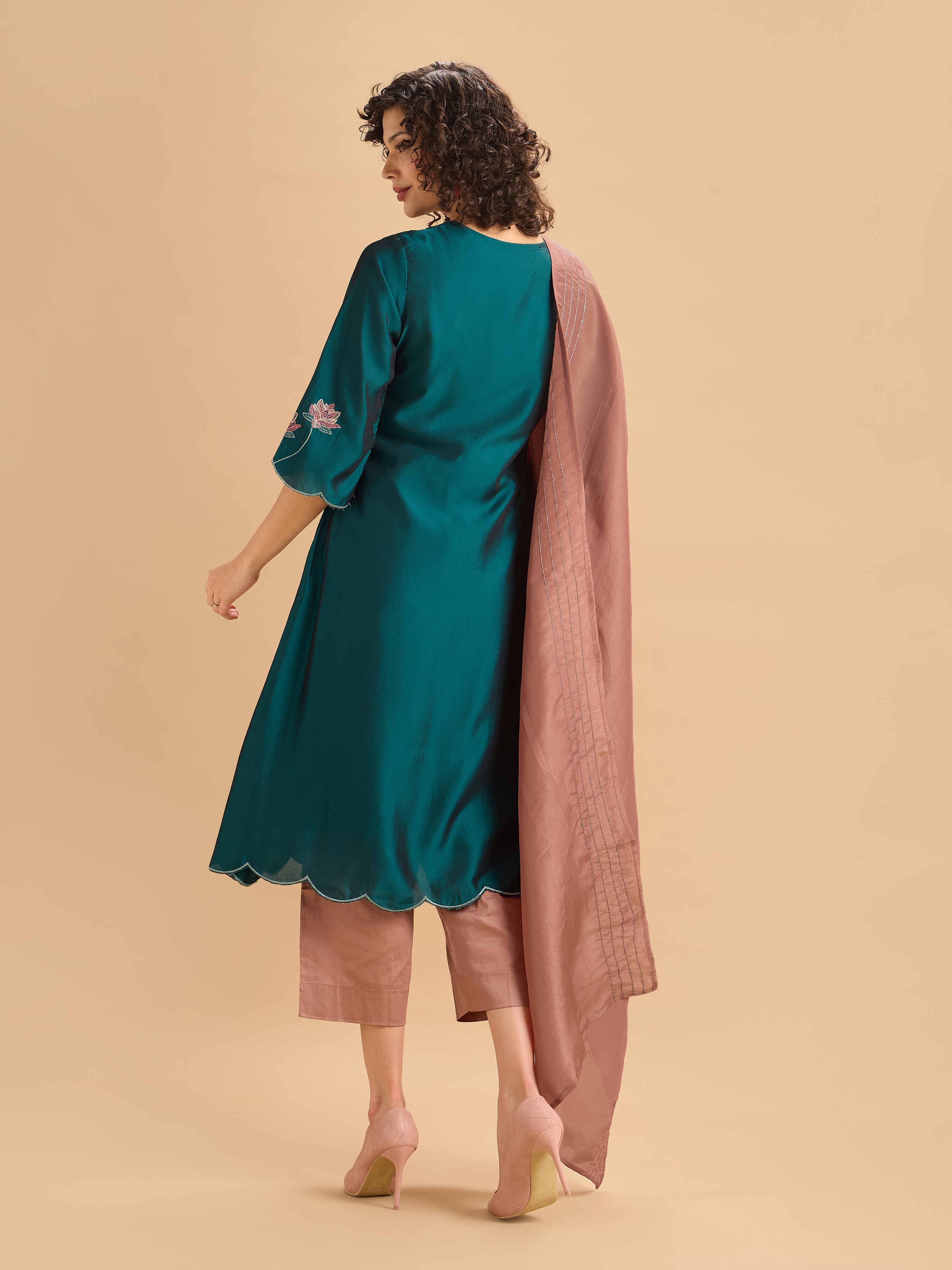 Teal Viscose Blend Kurti Set With Dupatta & Sequins Embroidery