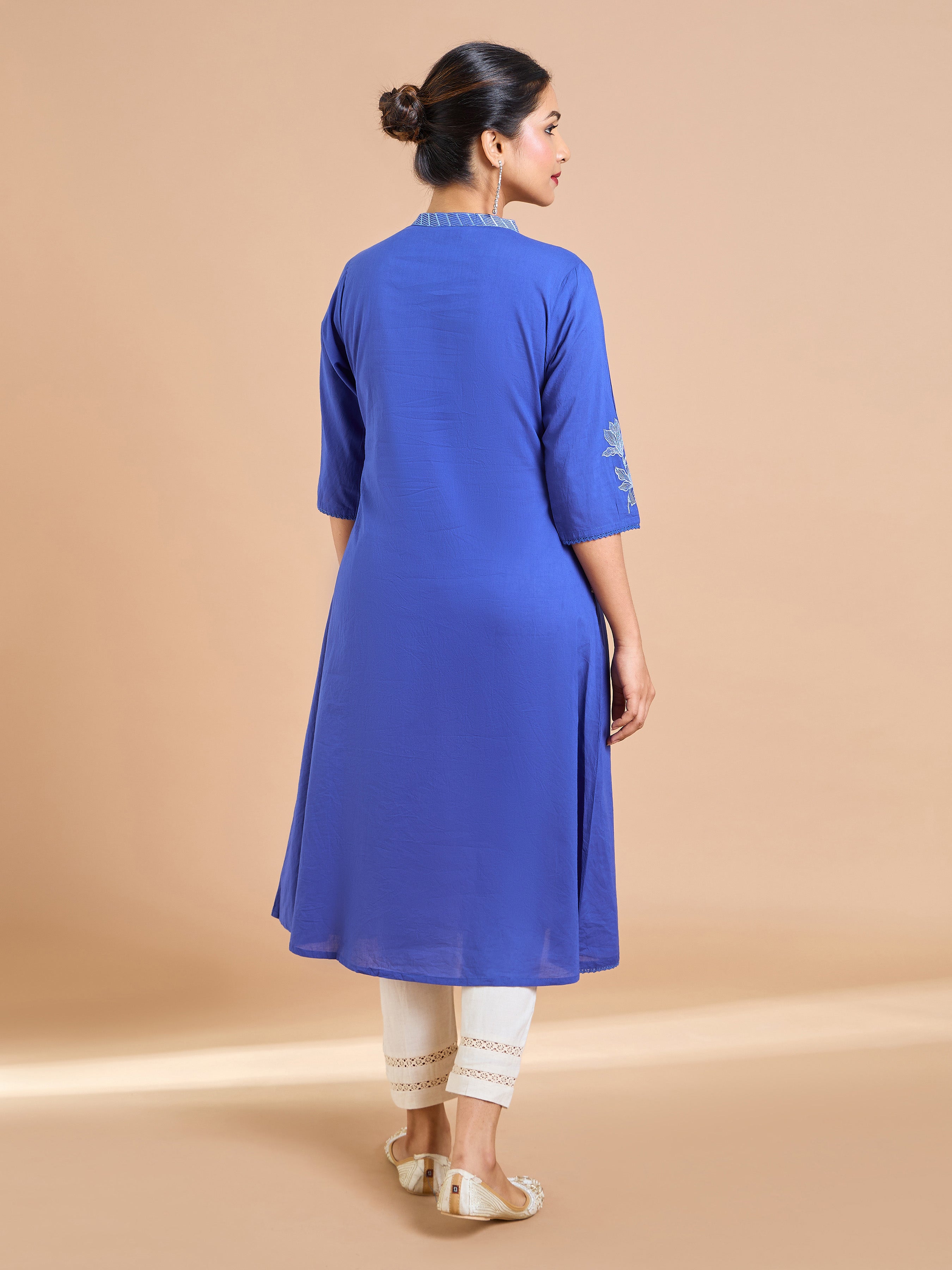 Royal Blue Cotton Flax Kurti With Embroidery