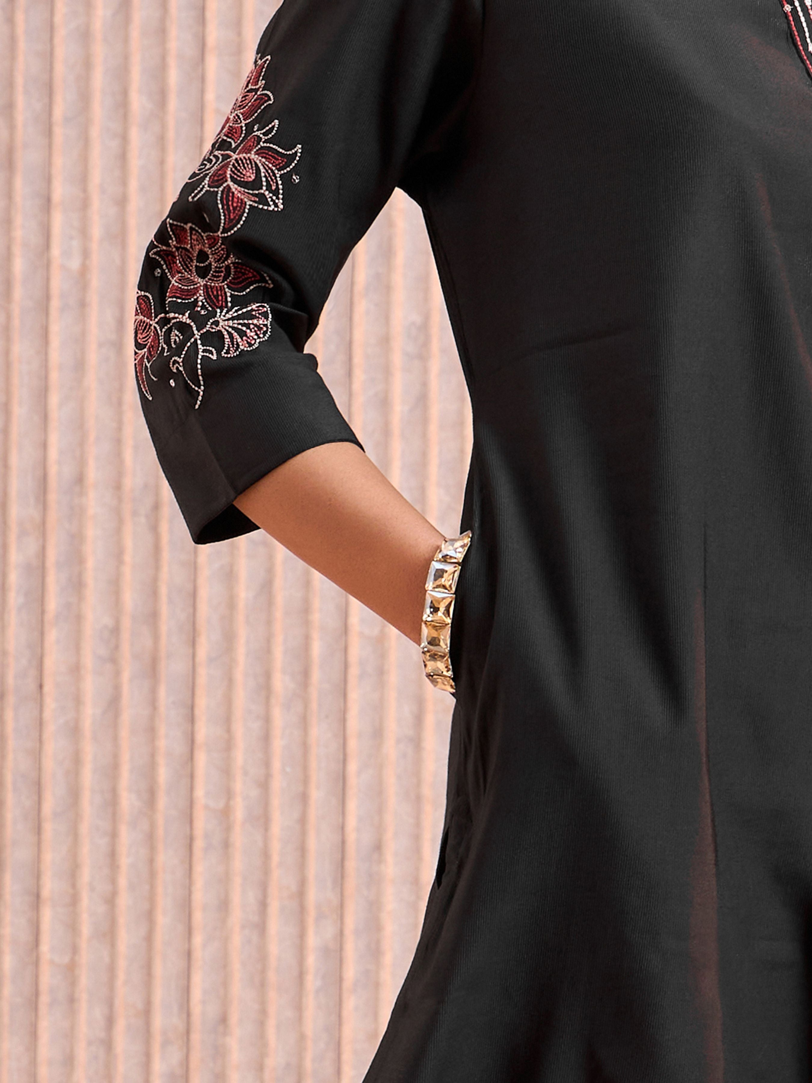 Black Viscose Plain Kurti With Embroidery& Sequins Work