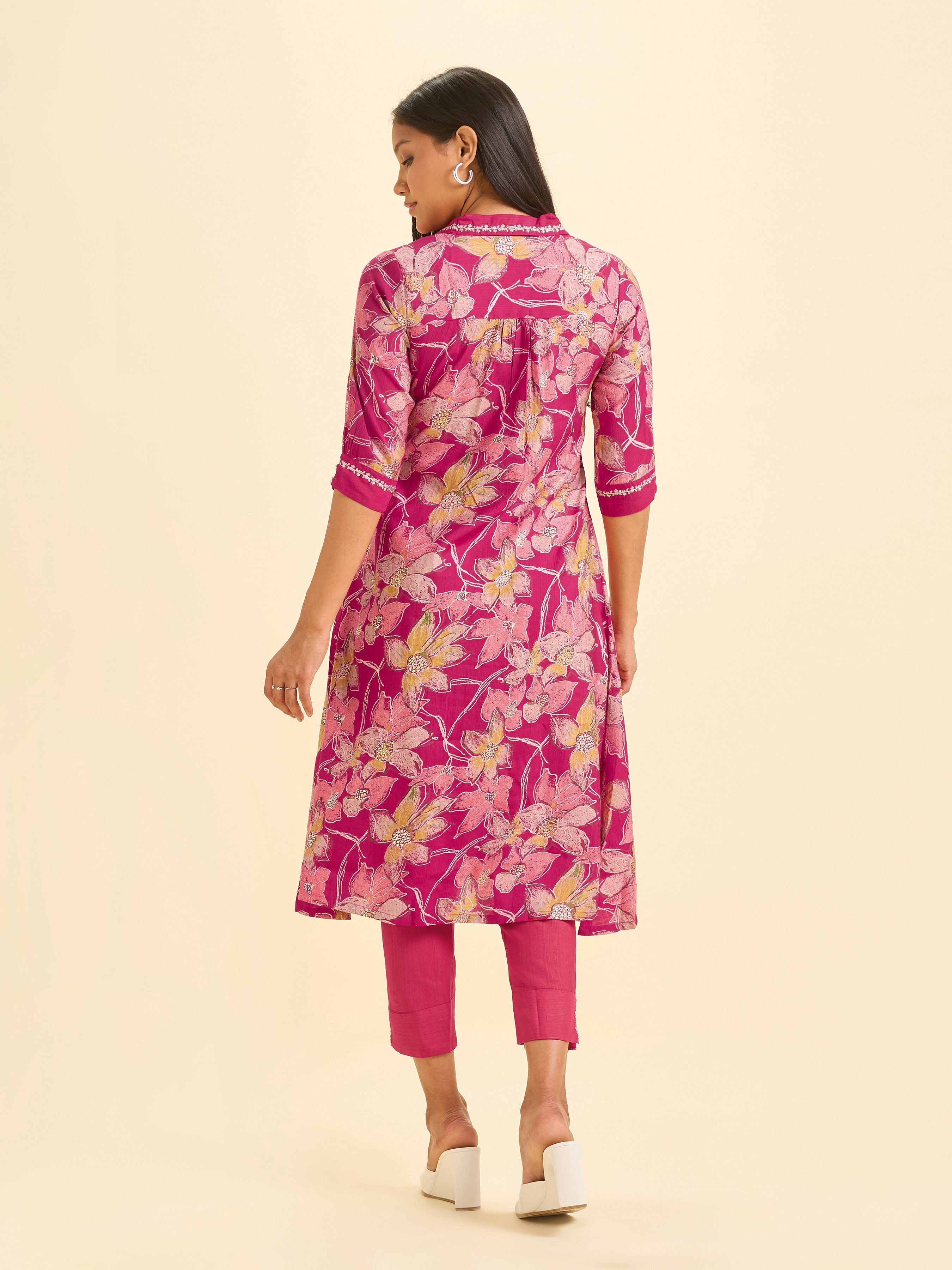 Magenta Viscose Blend Foil Printed Flared Kurta Set With Sequins Embroidery