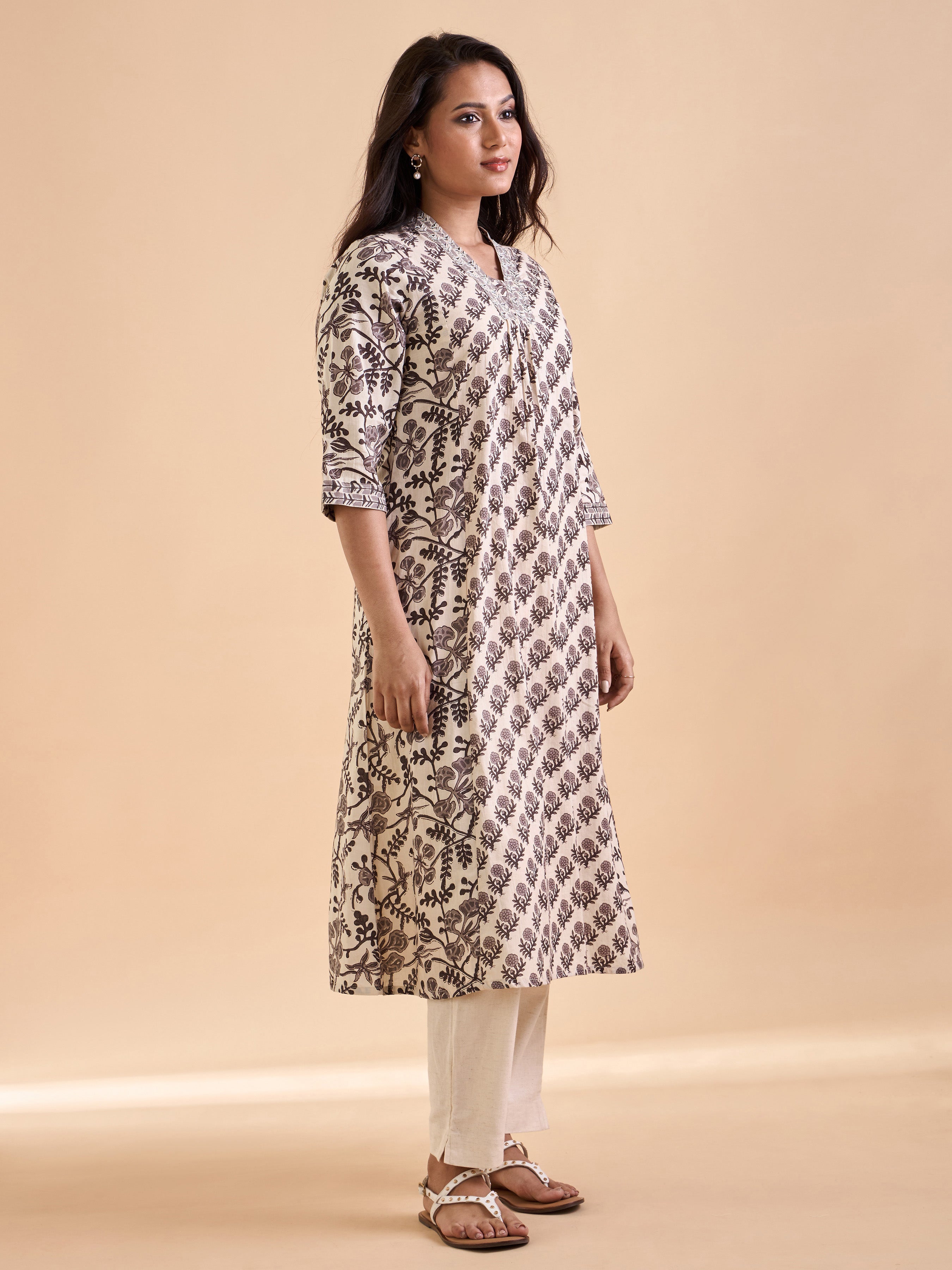 Ivory And Brown PureCotton Printed Kurti With Embroidery