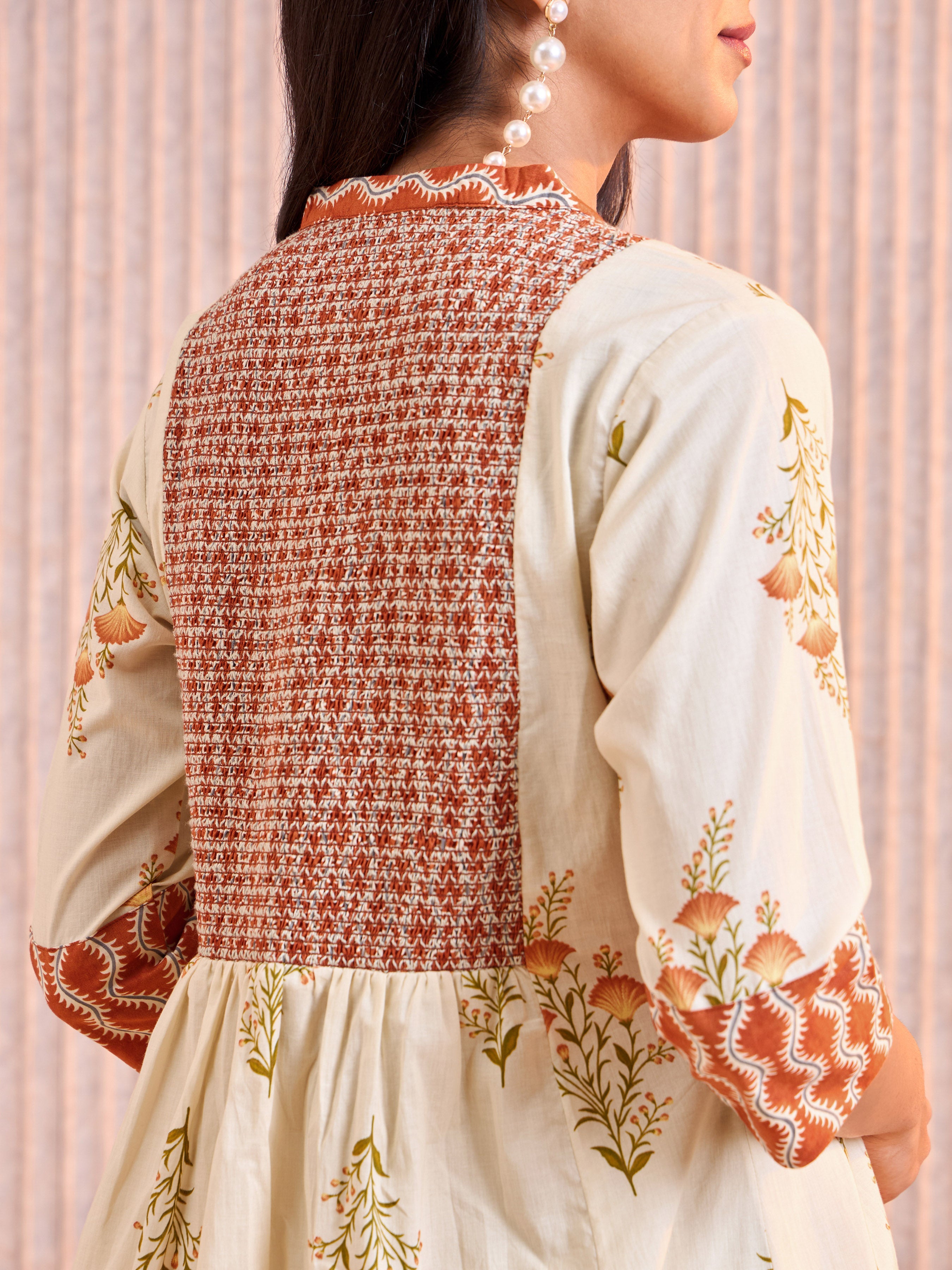 Beige Cotton Printed Kurti With Smocking Embroidery