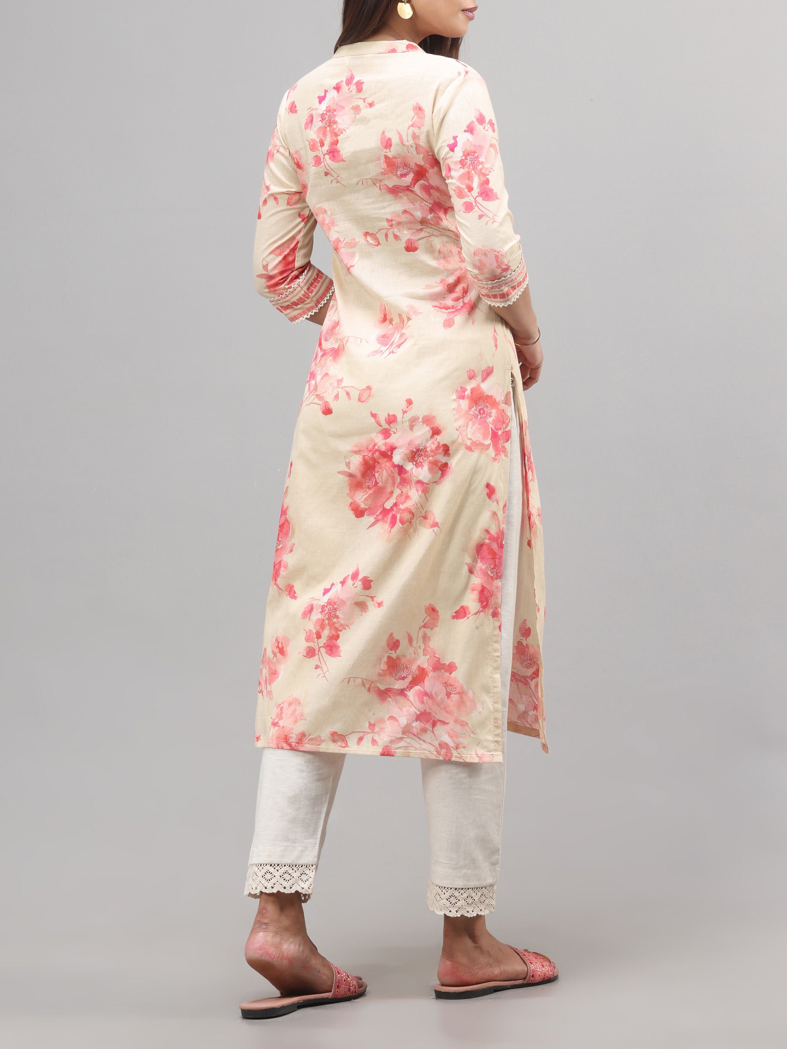 Beige And Pink Pure Cotton Printed Kurti