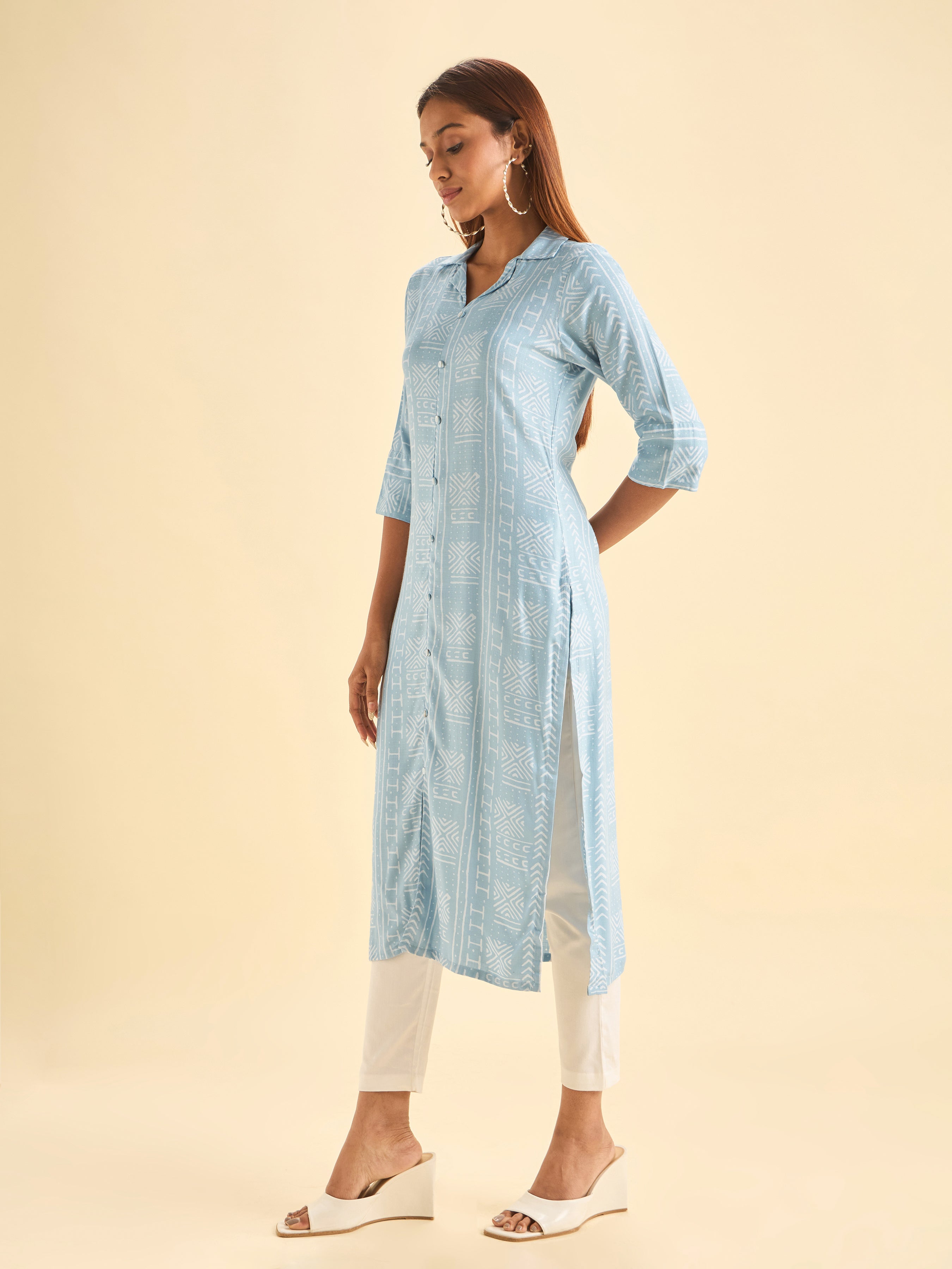 Denim Blue Ivory Tencel Printed Kurti