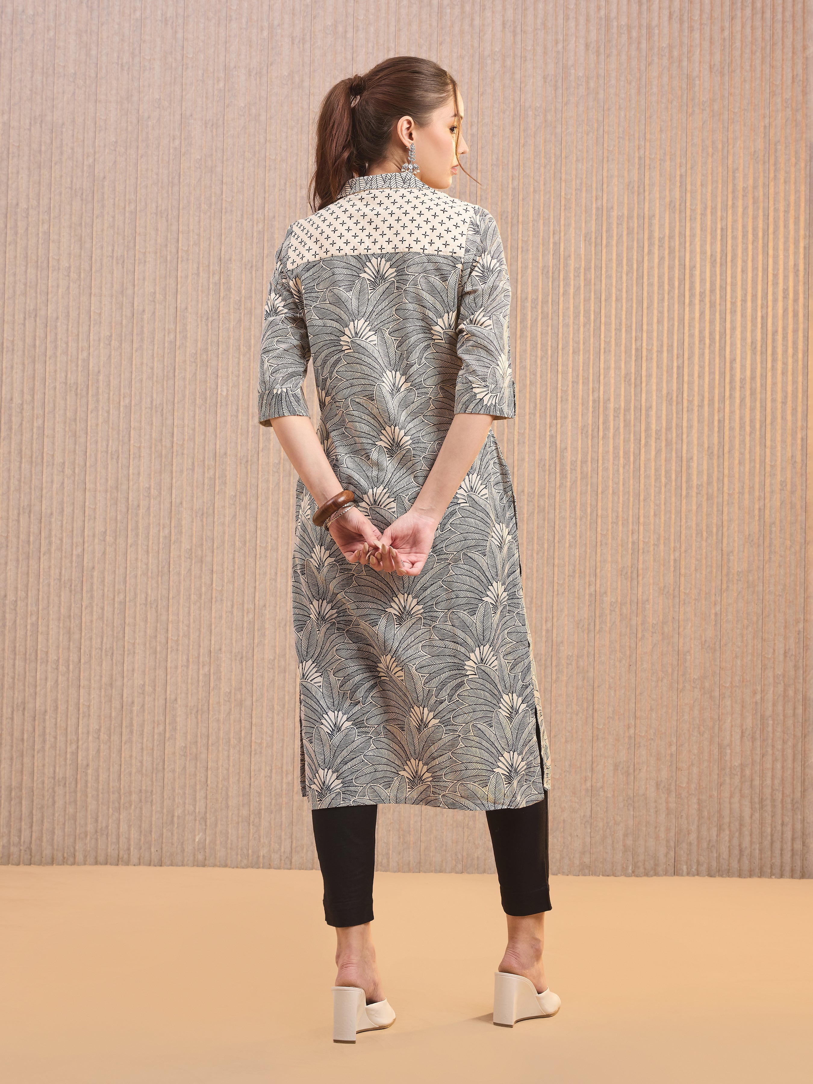 Ivory Cotton Flax Printed Kurti With Sequins Embroidery
