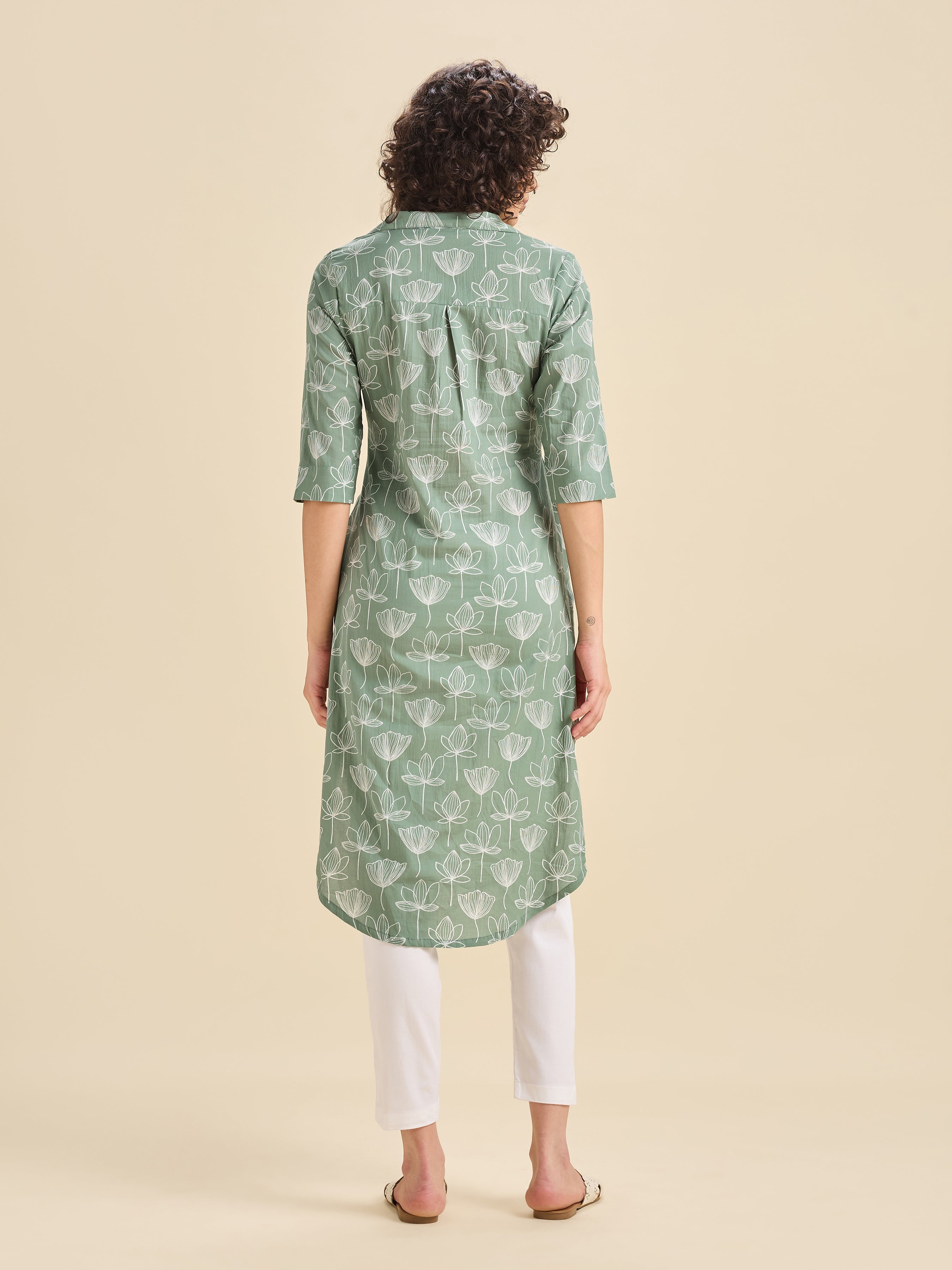 Sage Green Pure Cotton Printed Slited Kurti With Curved Hem