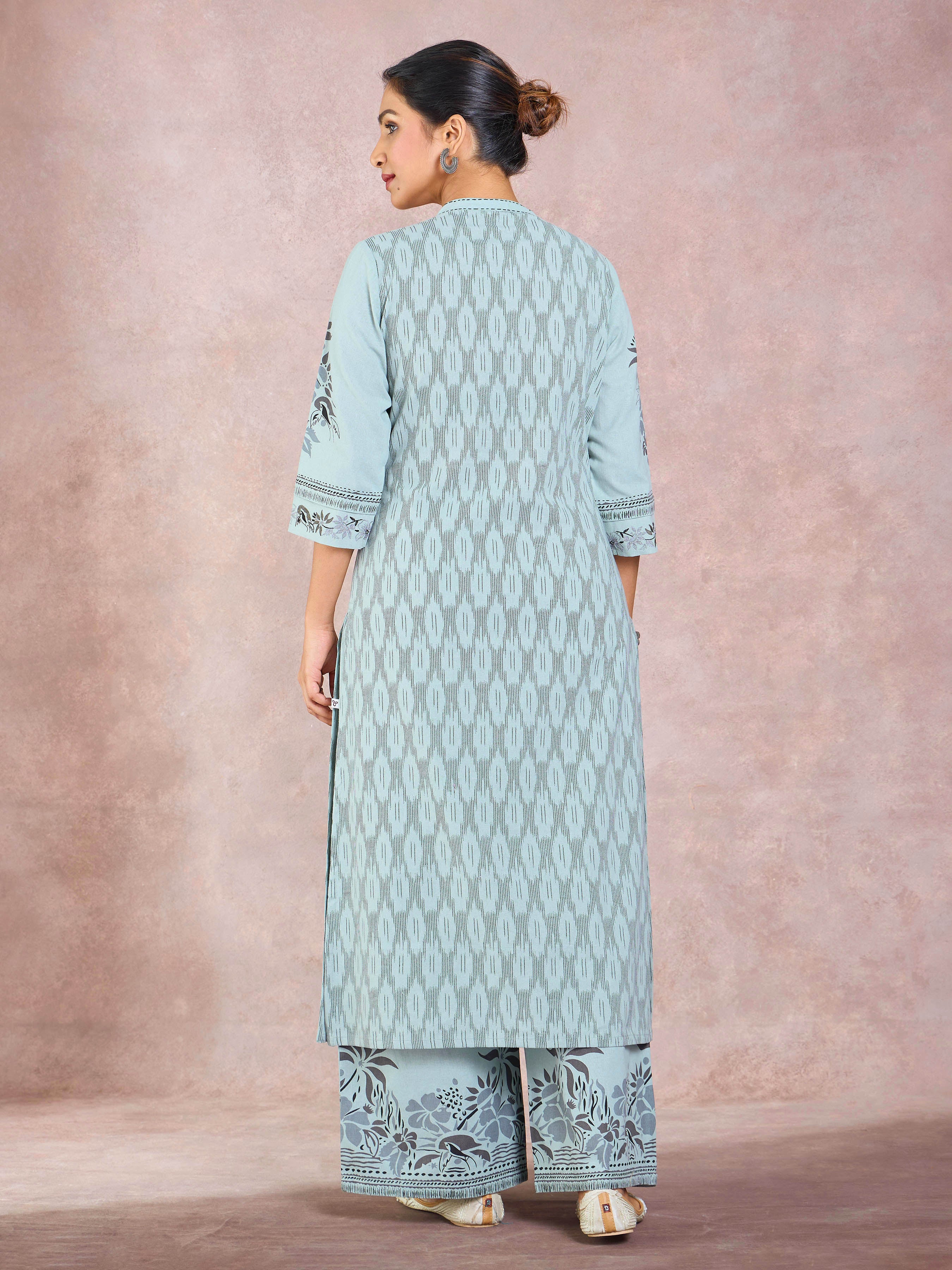 Sage Green Cotton Flax Printed Kurti With Embroidery