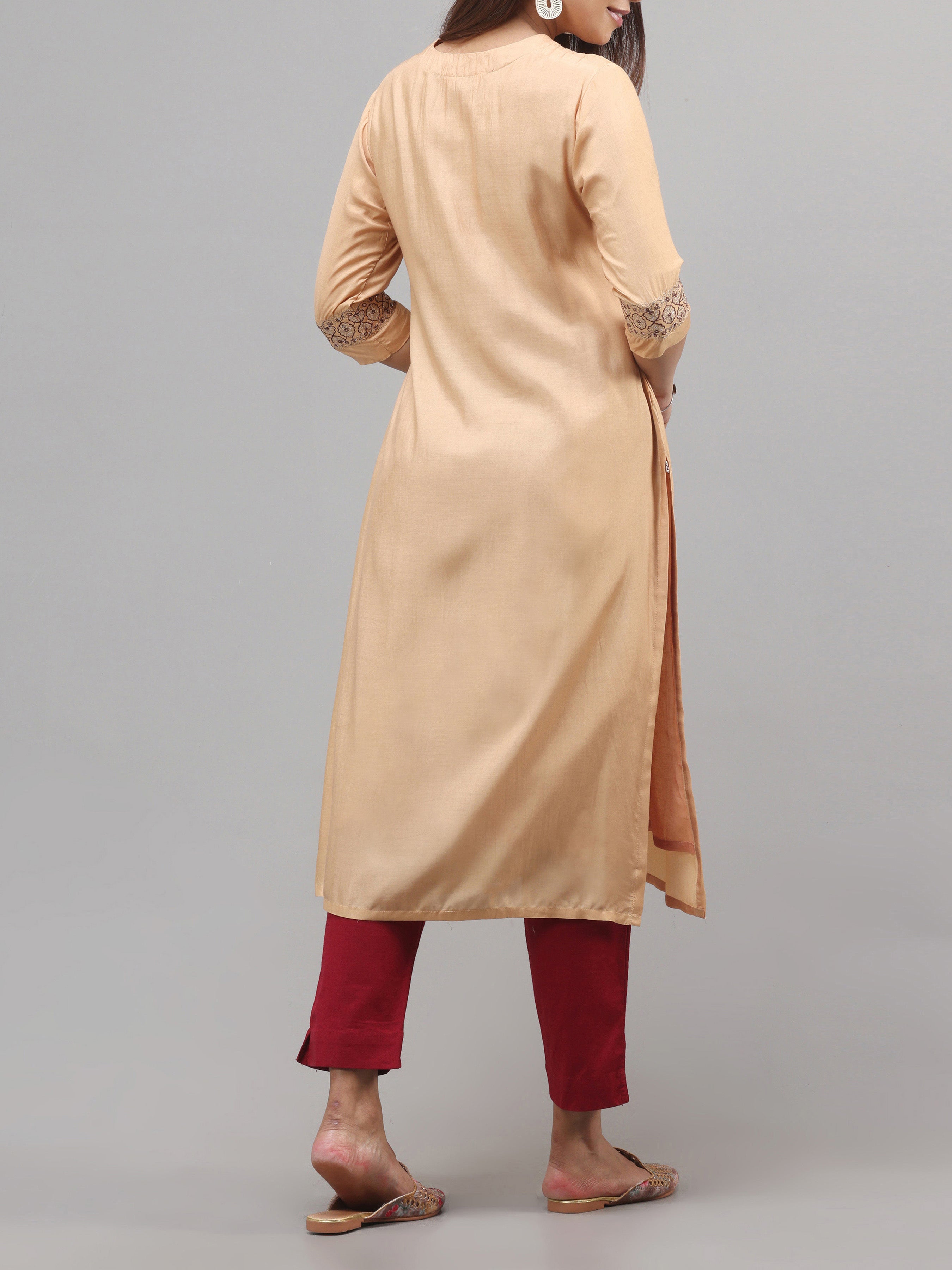 Beige Viscose Plain Kurti With Embroidery