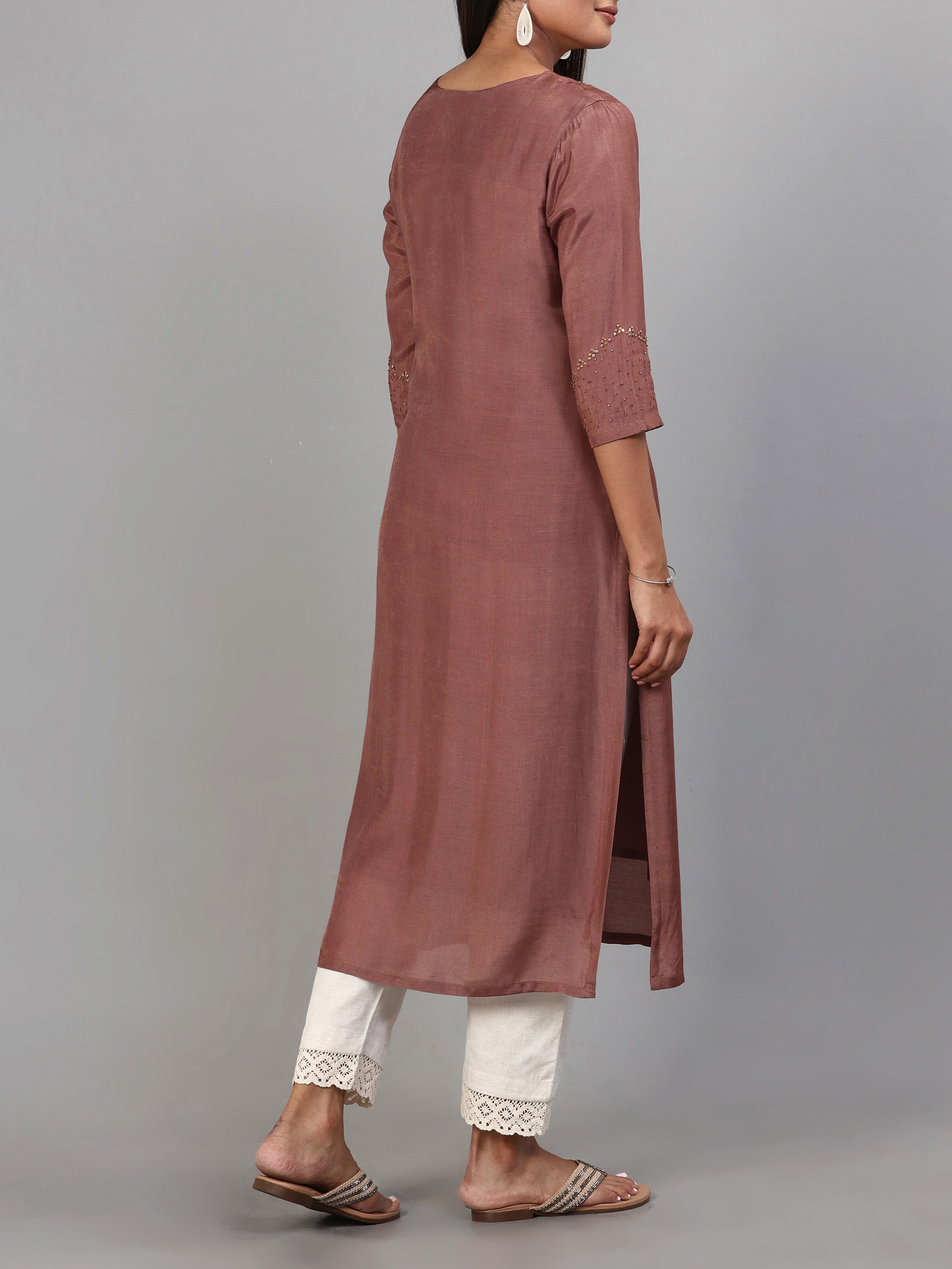 Coffee Brown Viscose Plain Kurti With Hand Work