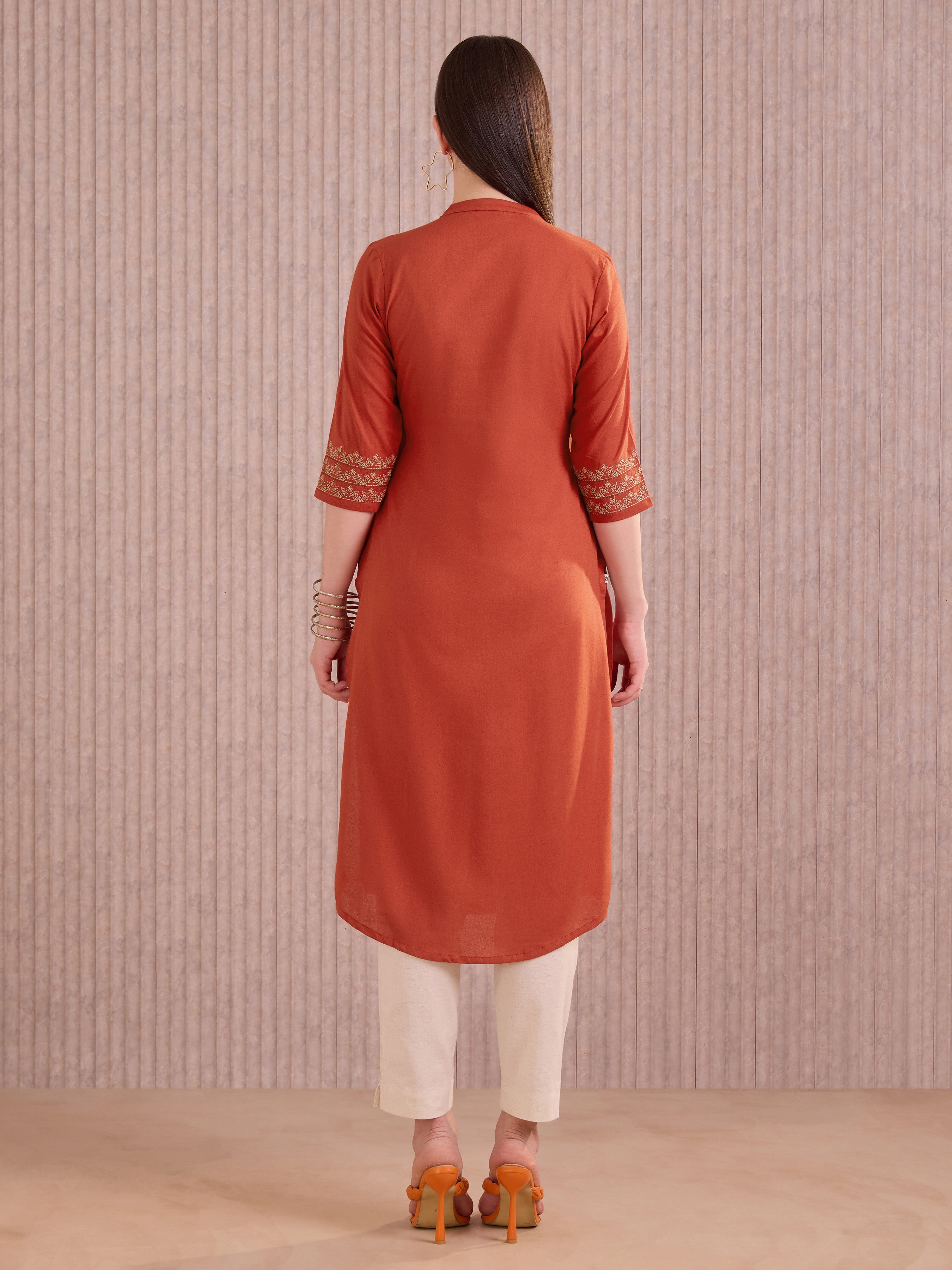 Brick Red Cotton Flax Kurti With Embroidery