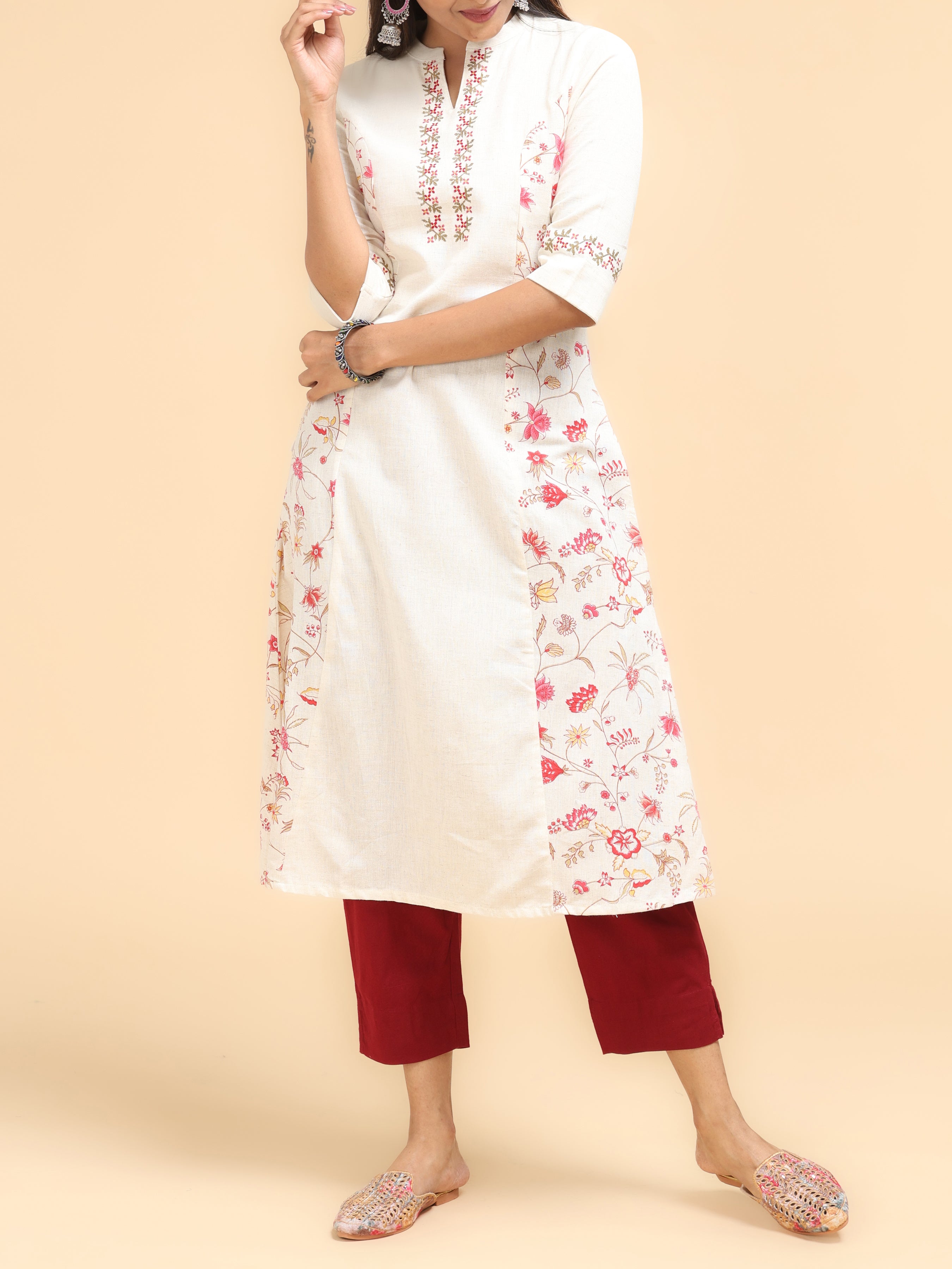 Off White Cotton Flax Printed Kurti With Pannel Cut