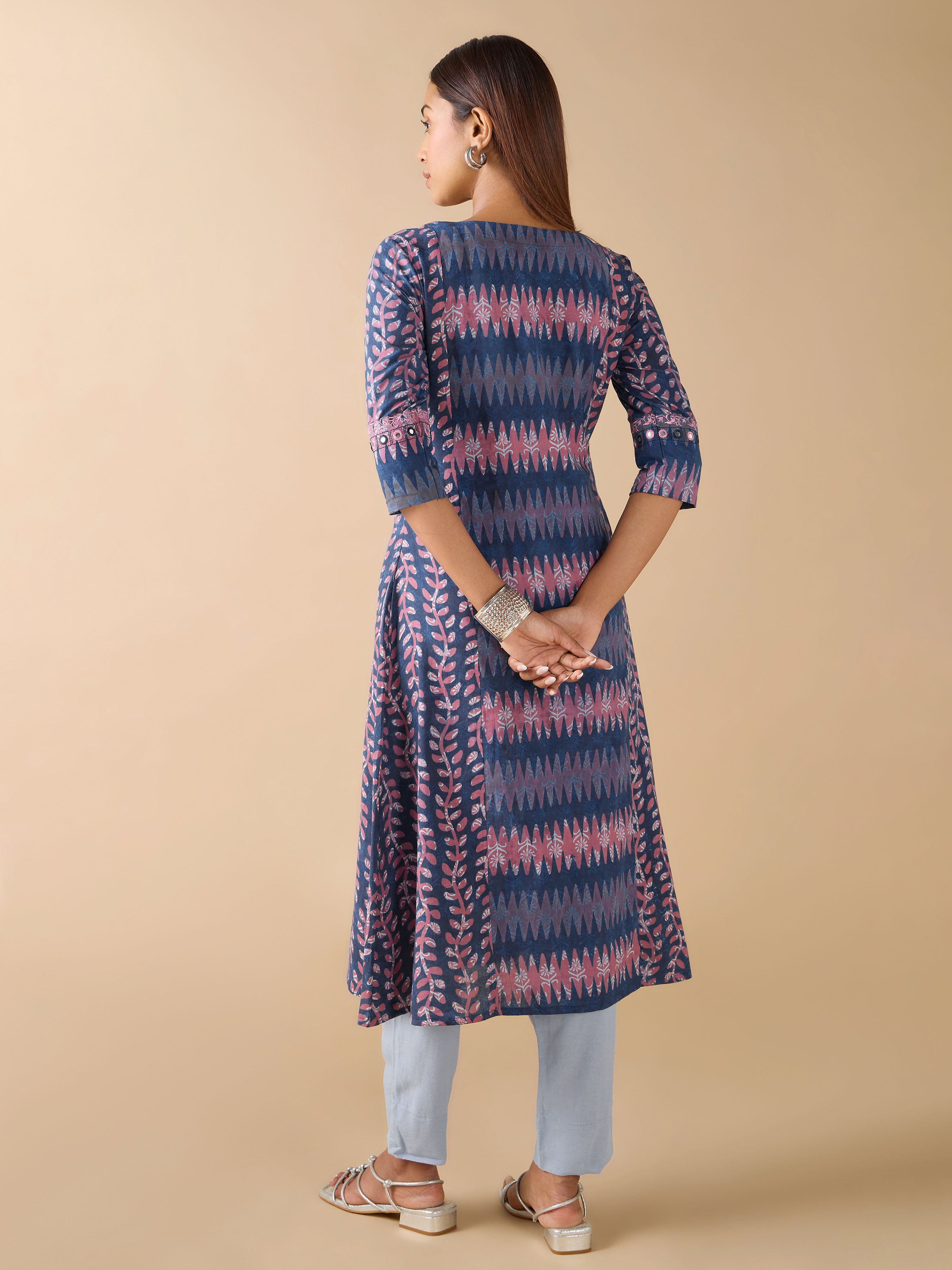 Indigo Pure Cotton Natural Printed Kurti With Mirror Embroidery