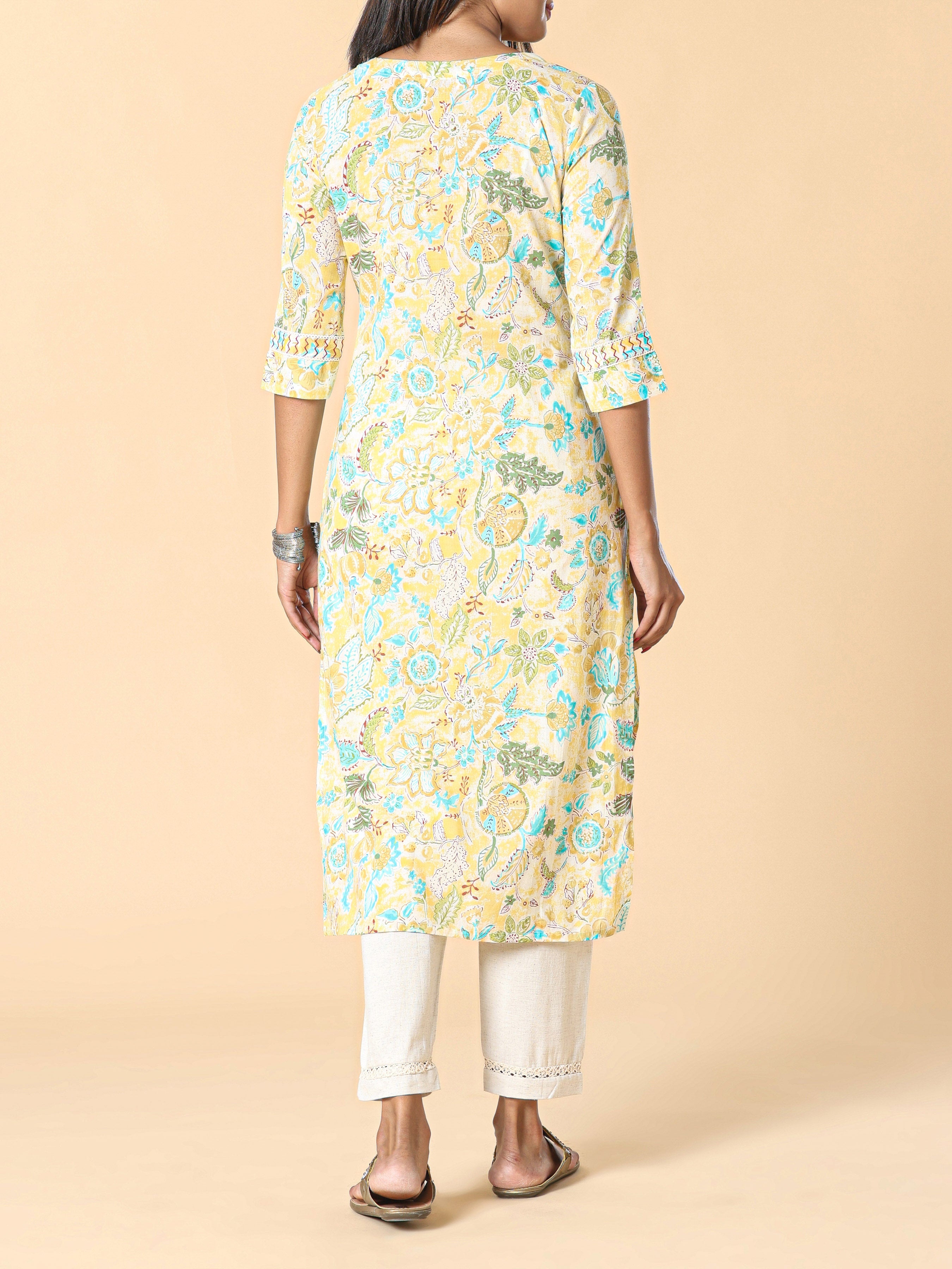 Marigold Yellow Pure Cotton Printed Kurti With Embroidery