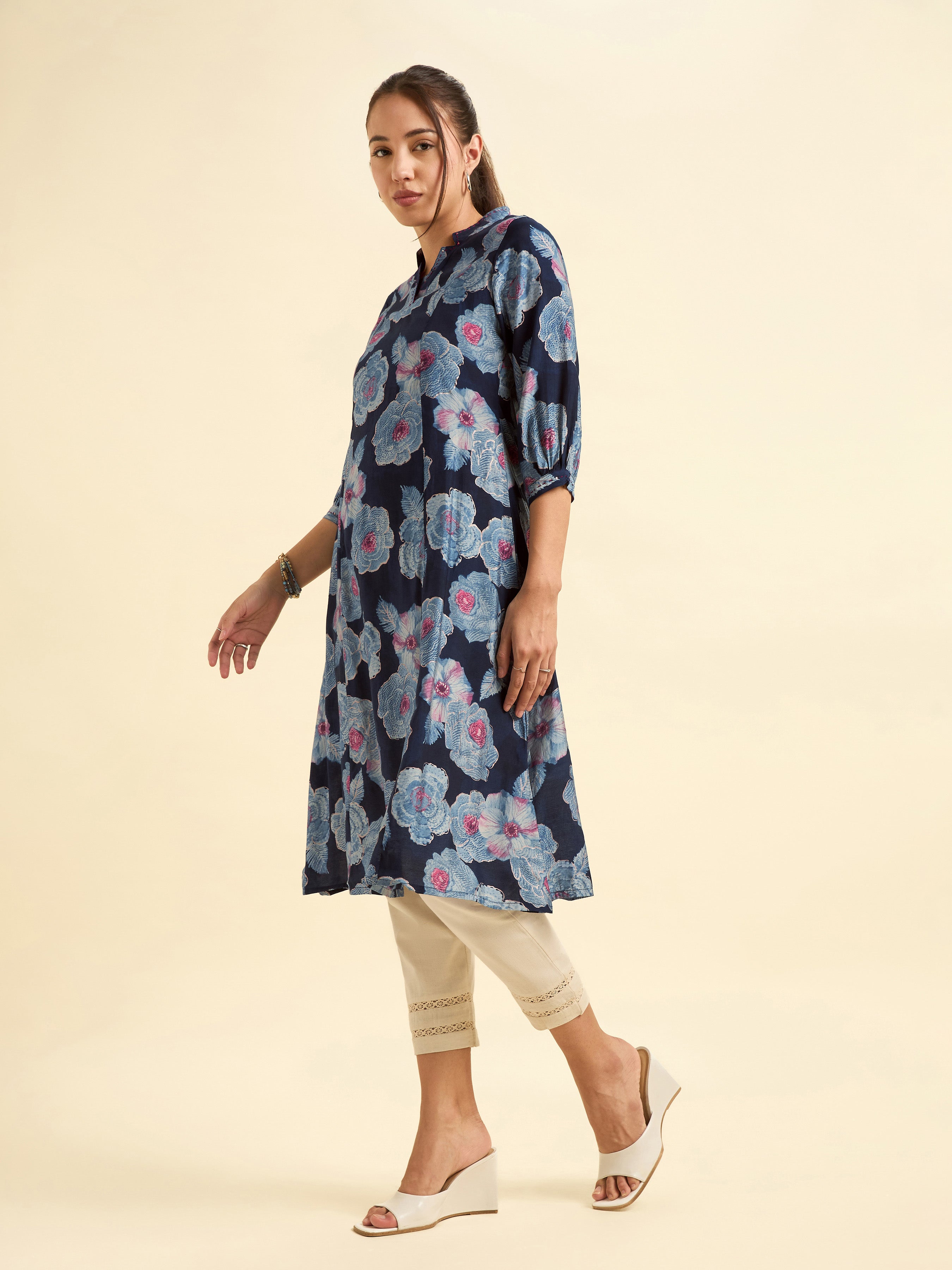 Navy Blue Modal Chanderi Princess Cut Printed Kurti With Embroidery And Sequins Work