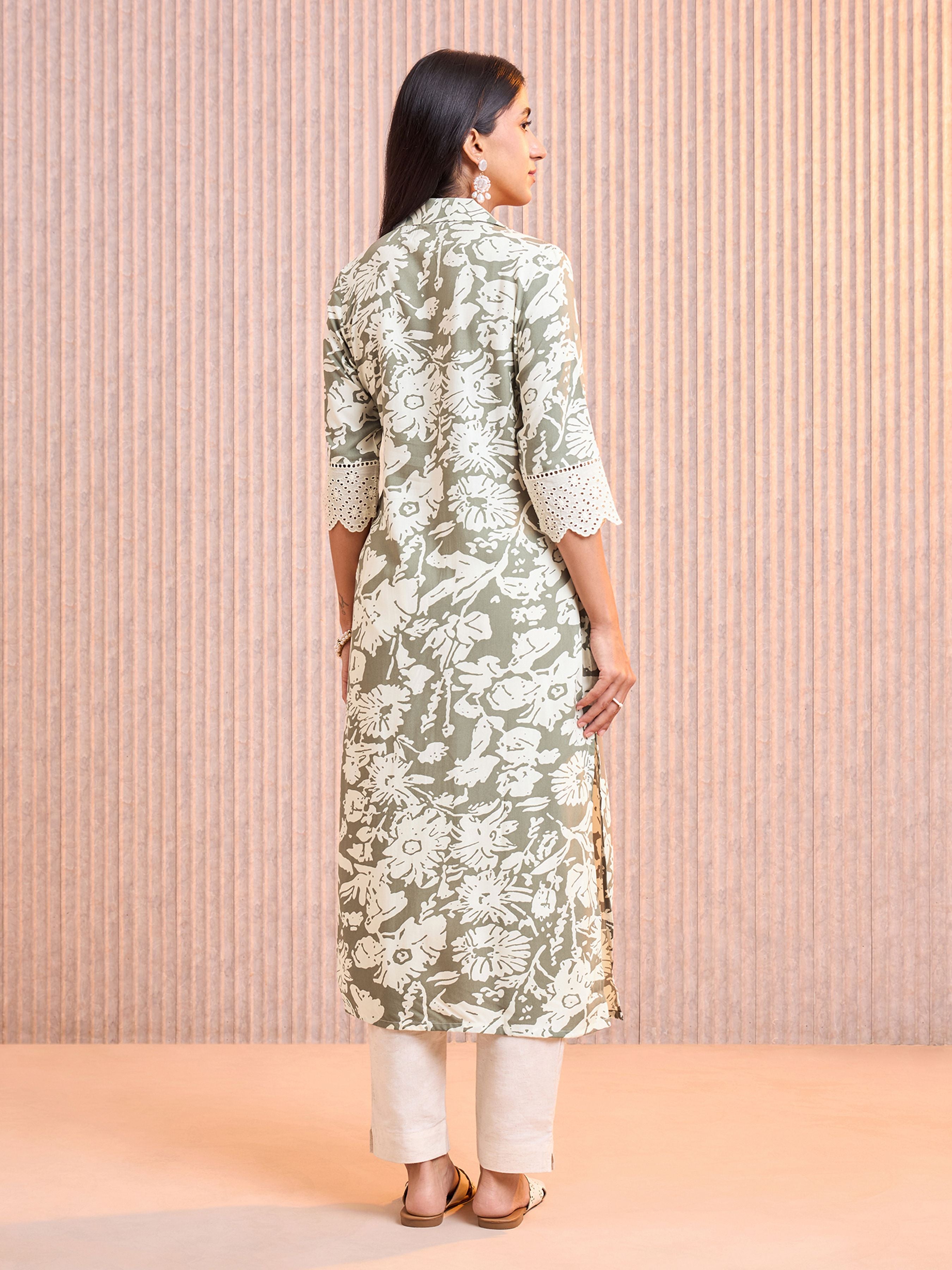 Olive Green Viscose Printed Kurti With Lace