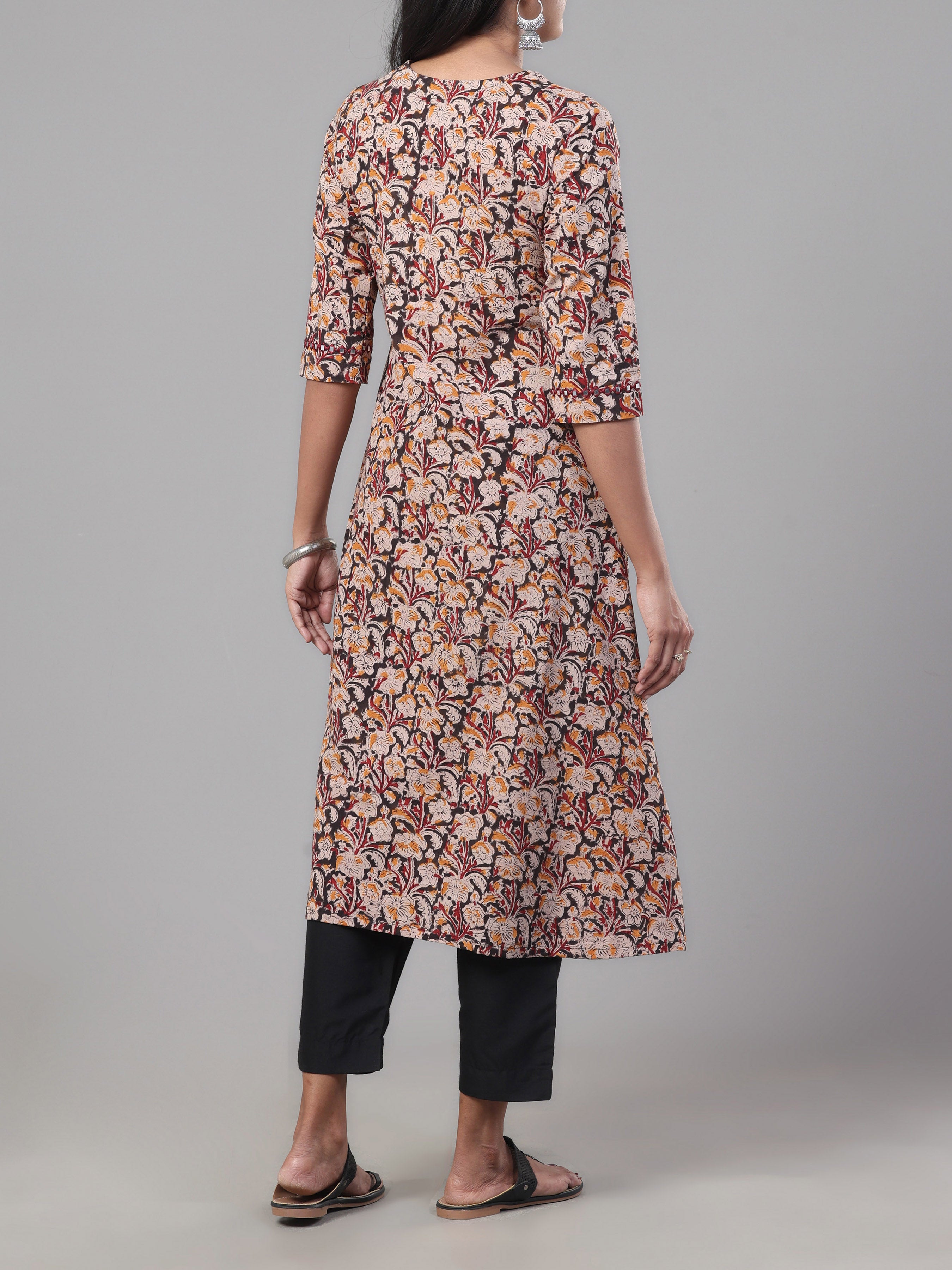 Maroon And Black Pure Cotton Printed Kurti With Mirror Work