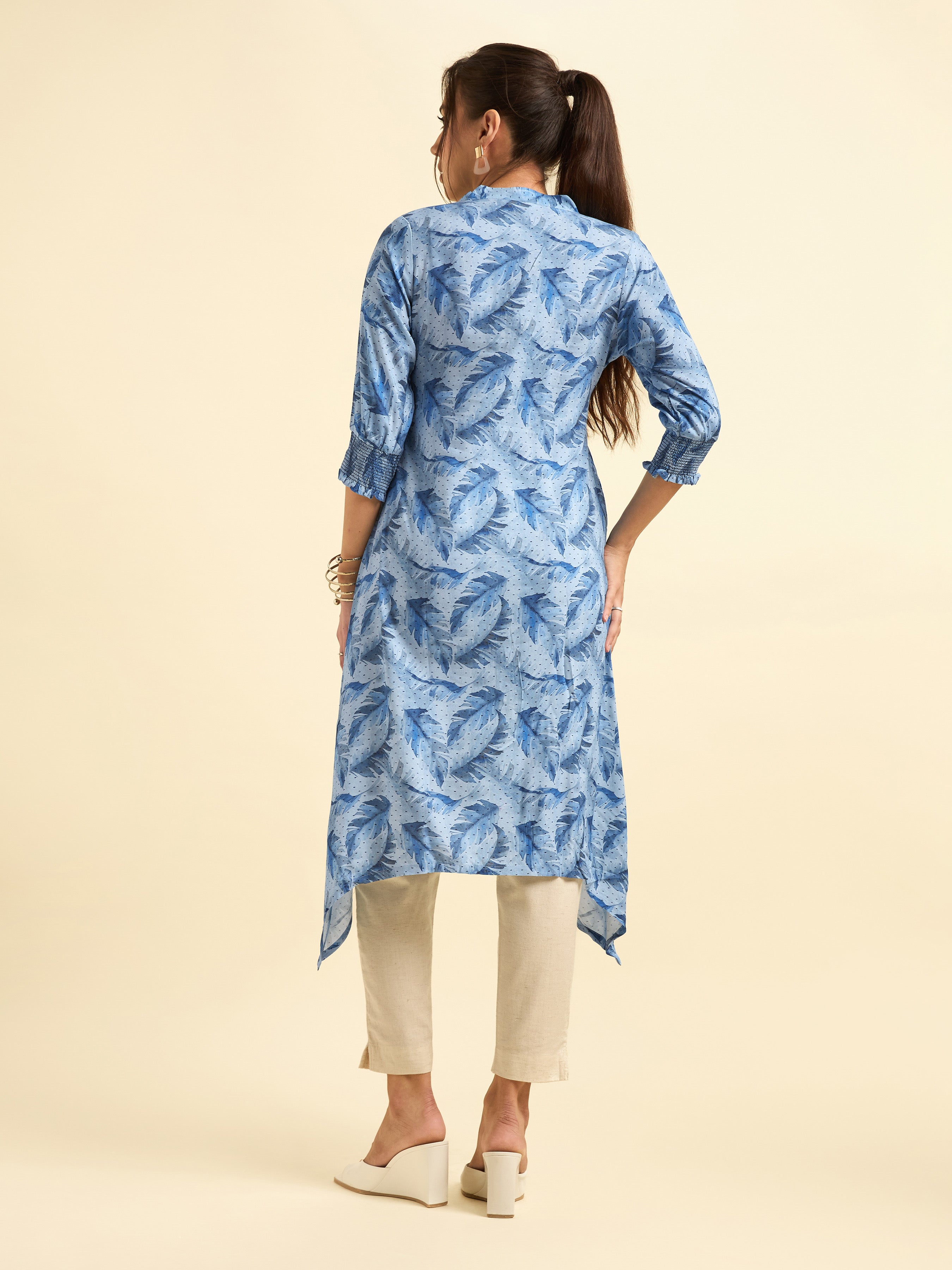 Blue Multi Colour Viscose Dobby Printed Kurti With Smocking And Shaped Hemline