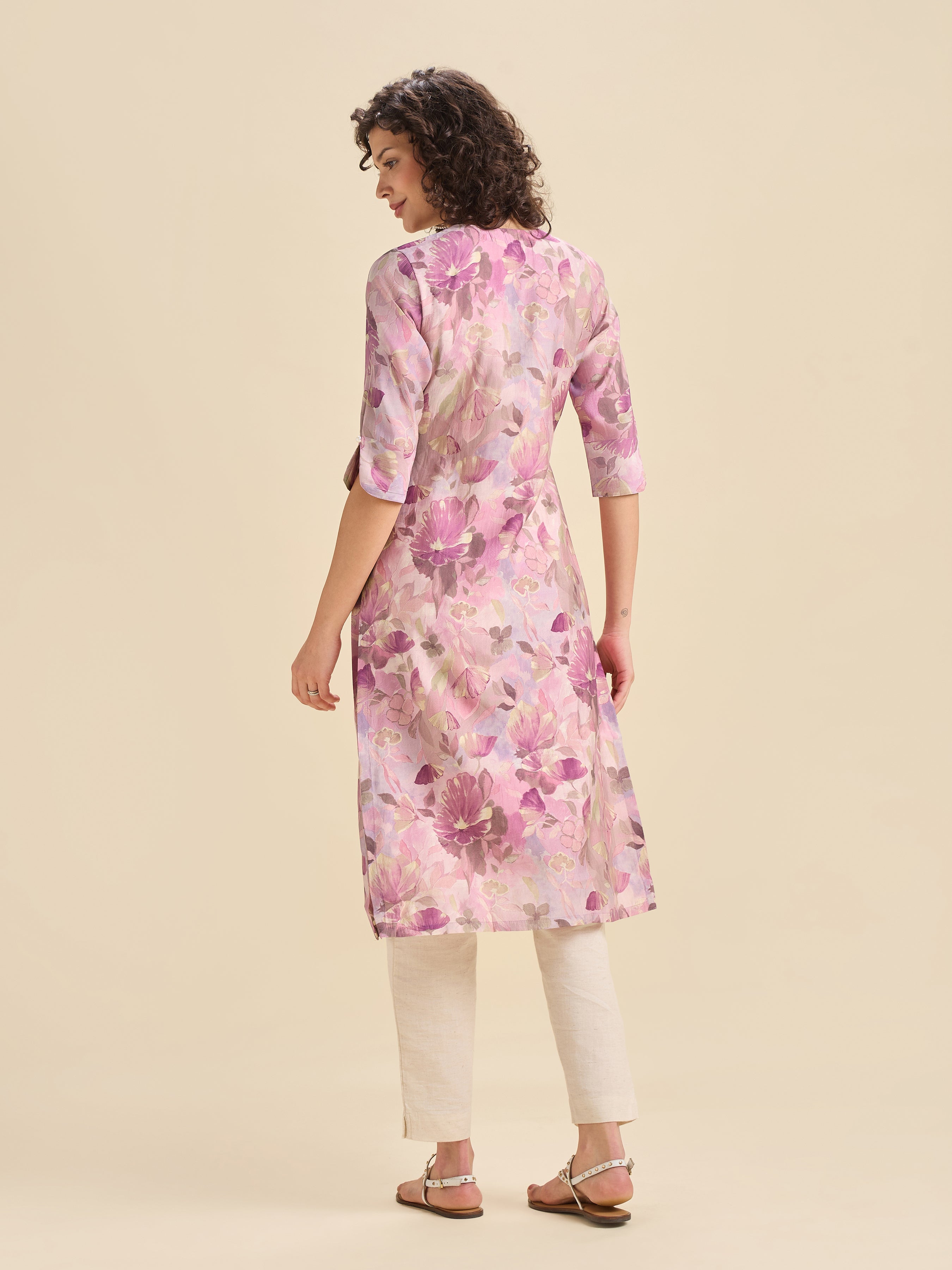Lilac Modal Chanderi Printed Slited Kurti With Princess Cut
