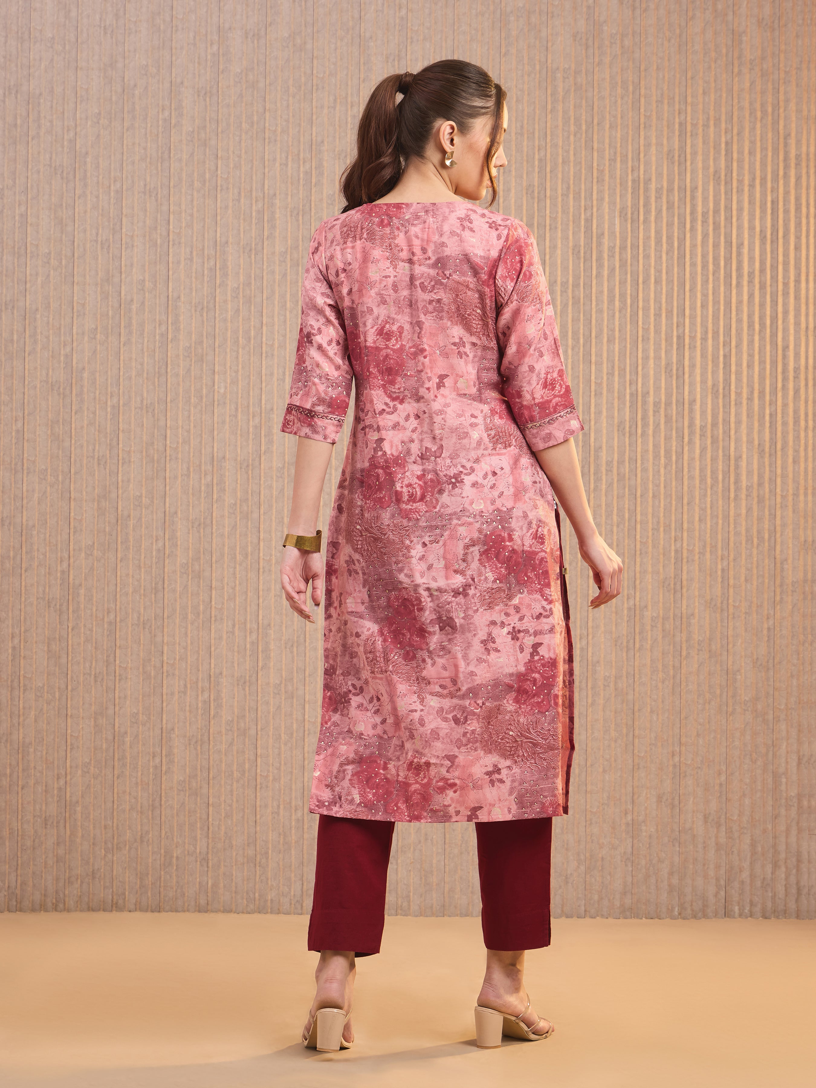 Pink Modal Chanderi Foil Printed Kurti With Sequins Work