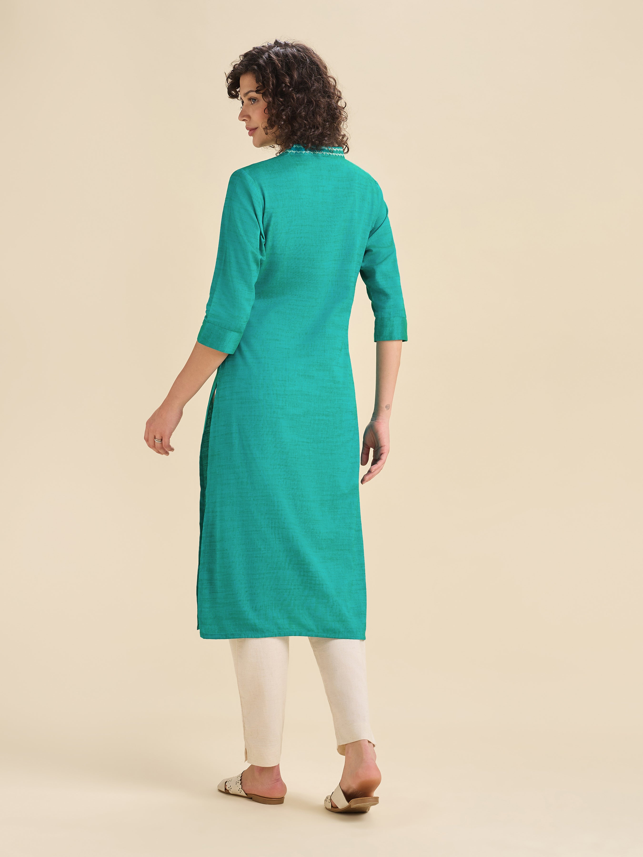 Aqua Green Cotton Viscose Kurti With Embroidery