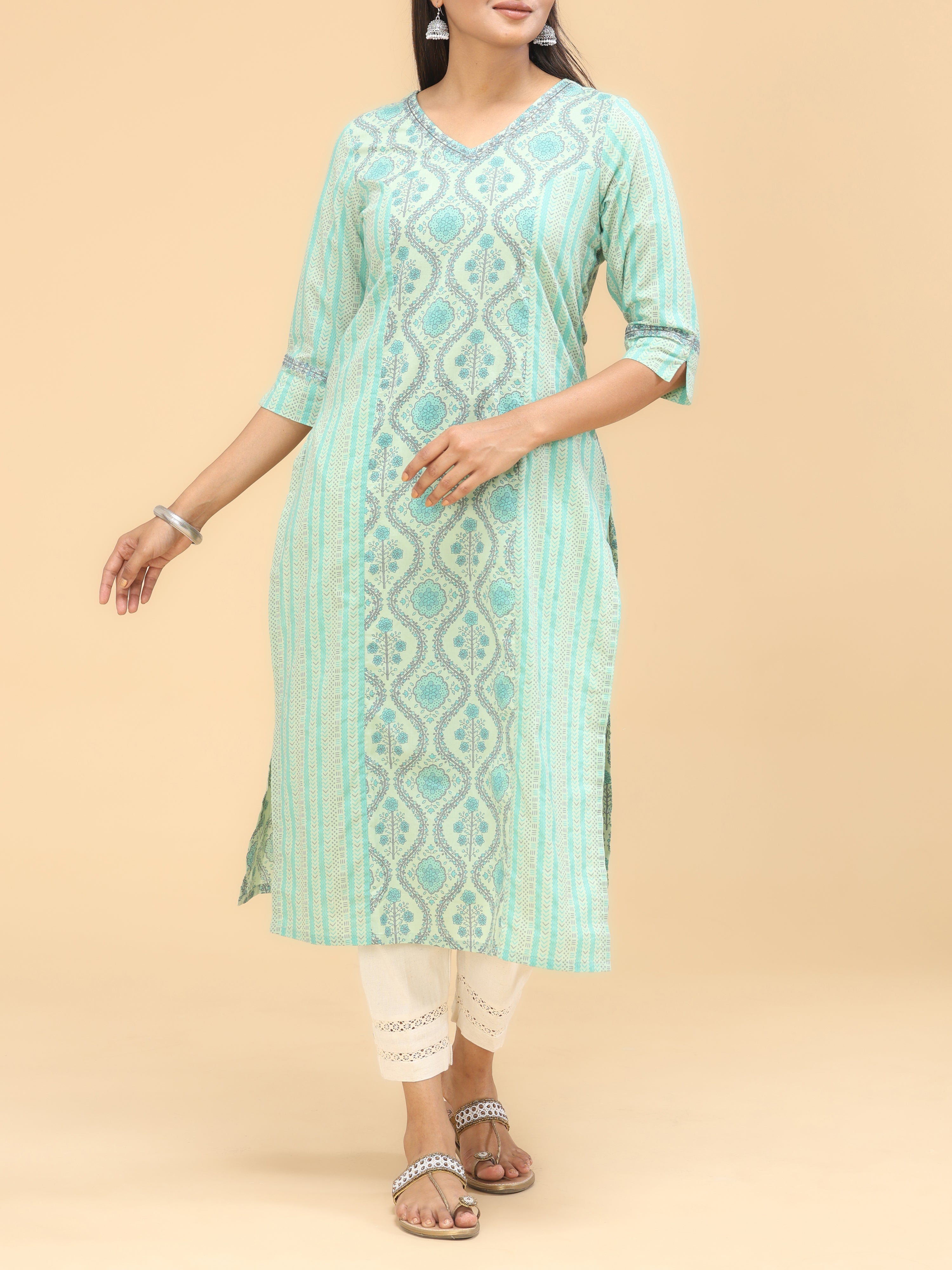 Green Pure Cotton Kurti With Print
