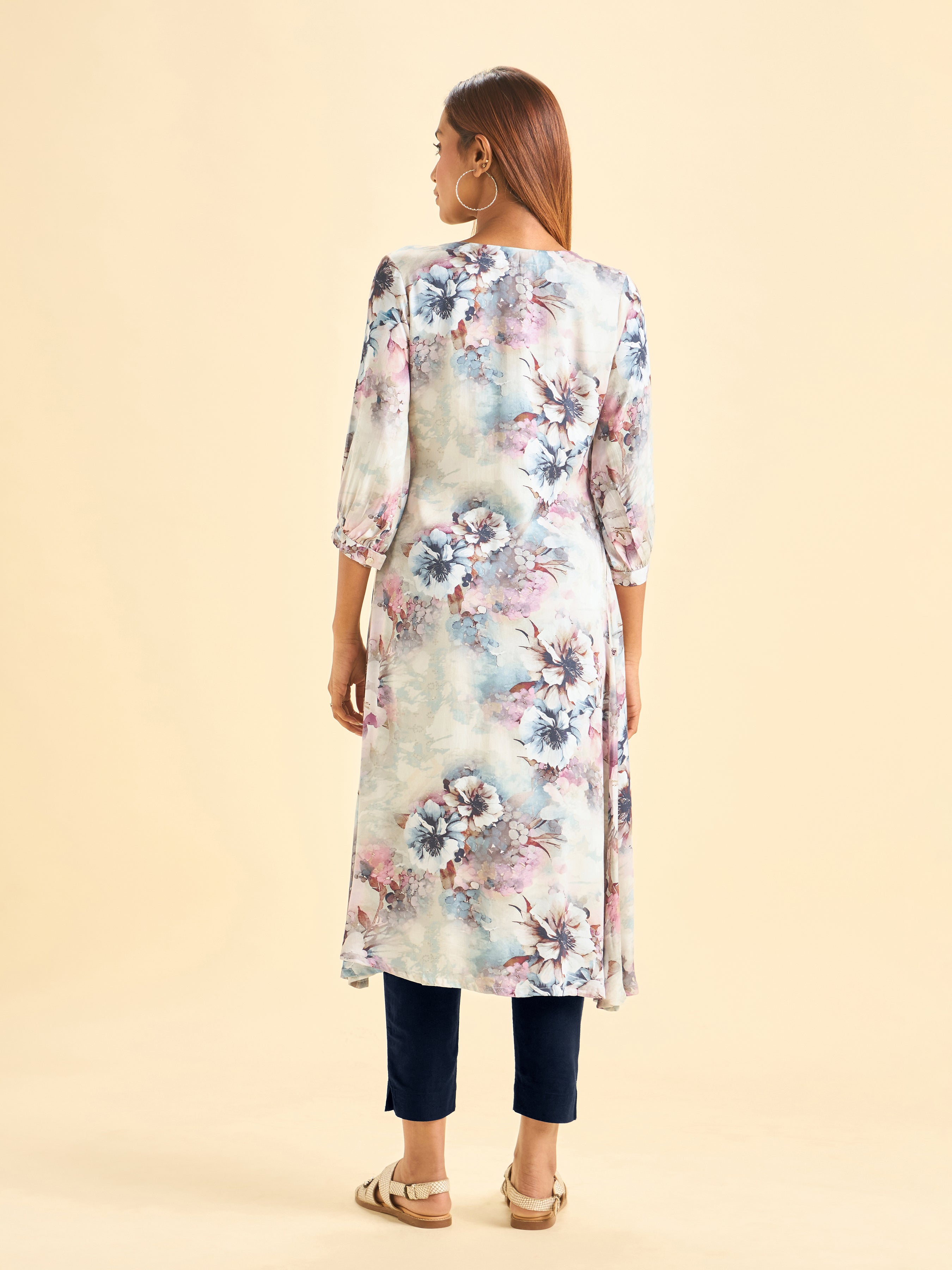 Ivory Modal Satin Printed Flared Kurti