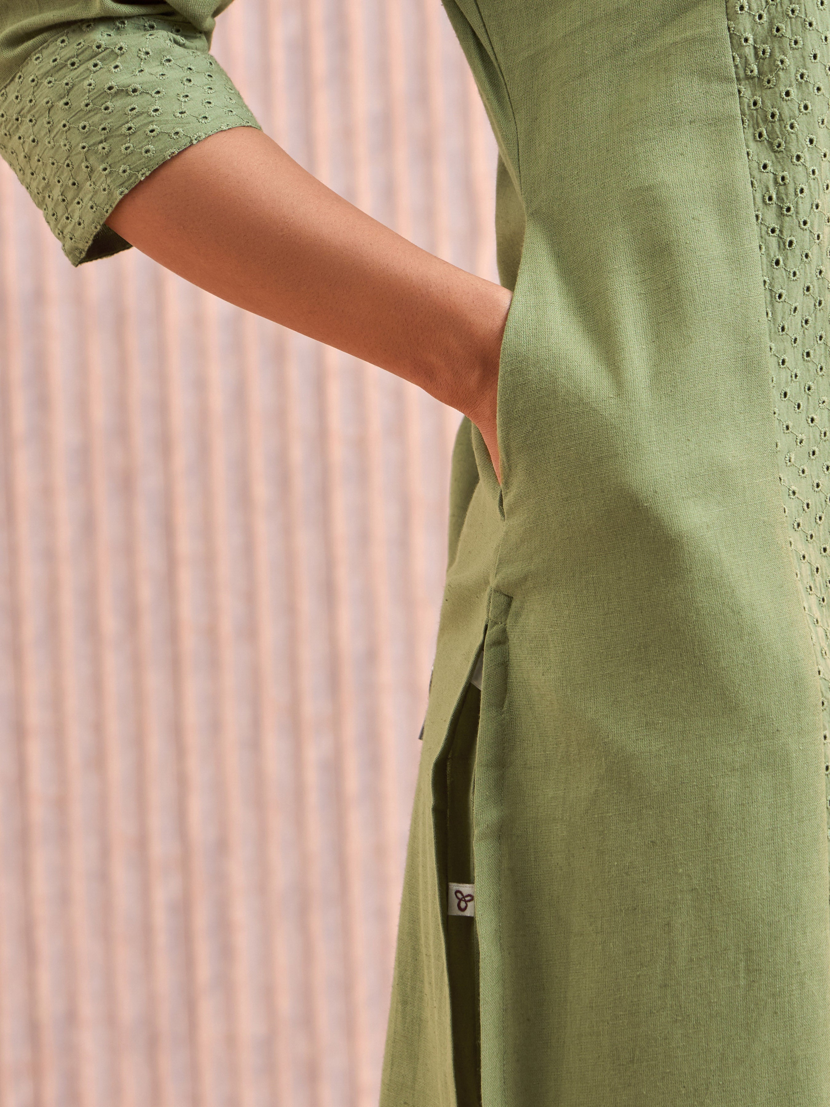 Olive Green Cotton Flax Kurti & Bottom With Lace