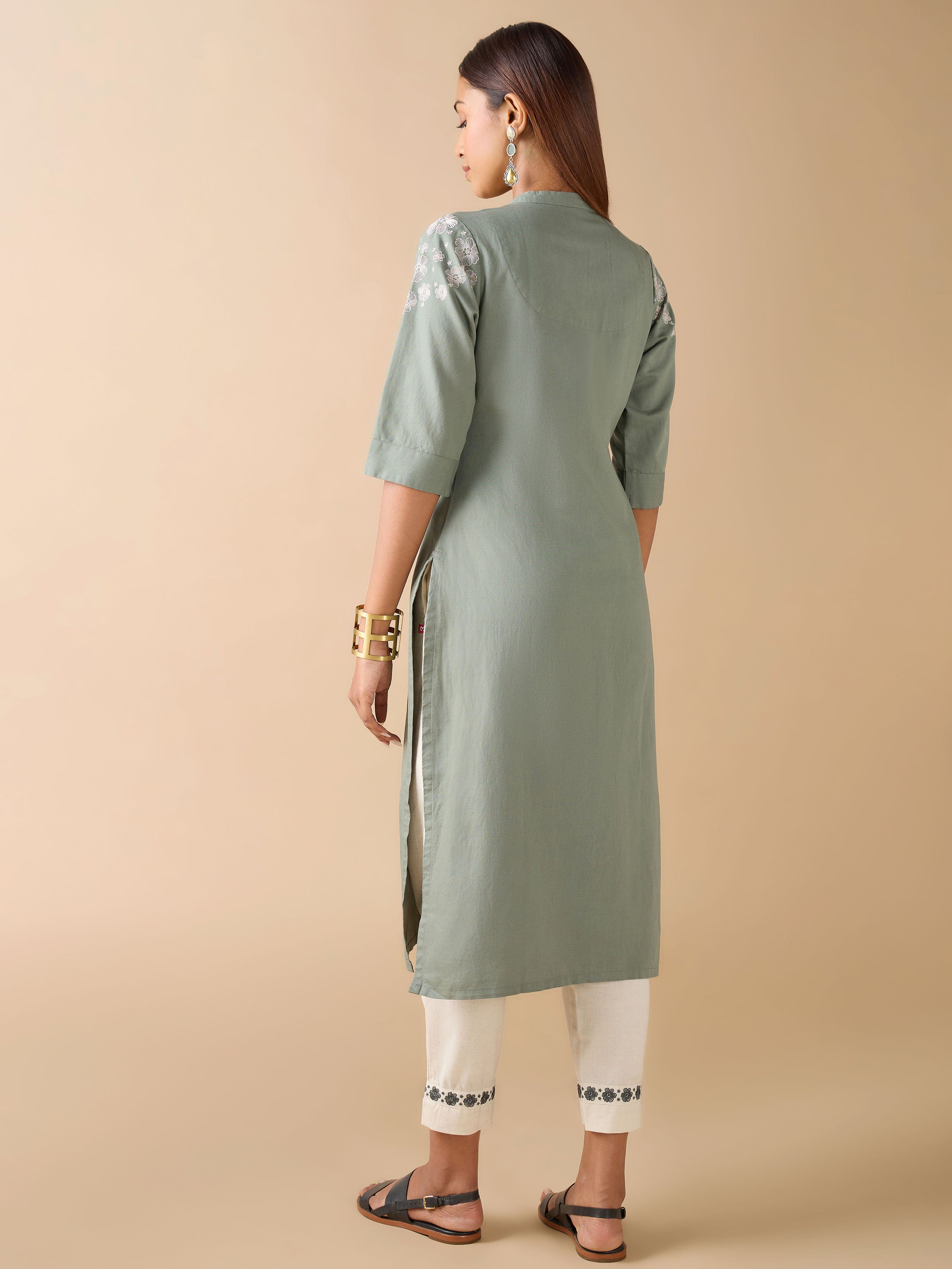 Sage Green Cotton Linen Plain Kurti With Embroidery And Matching Bottom