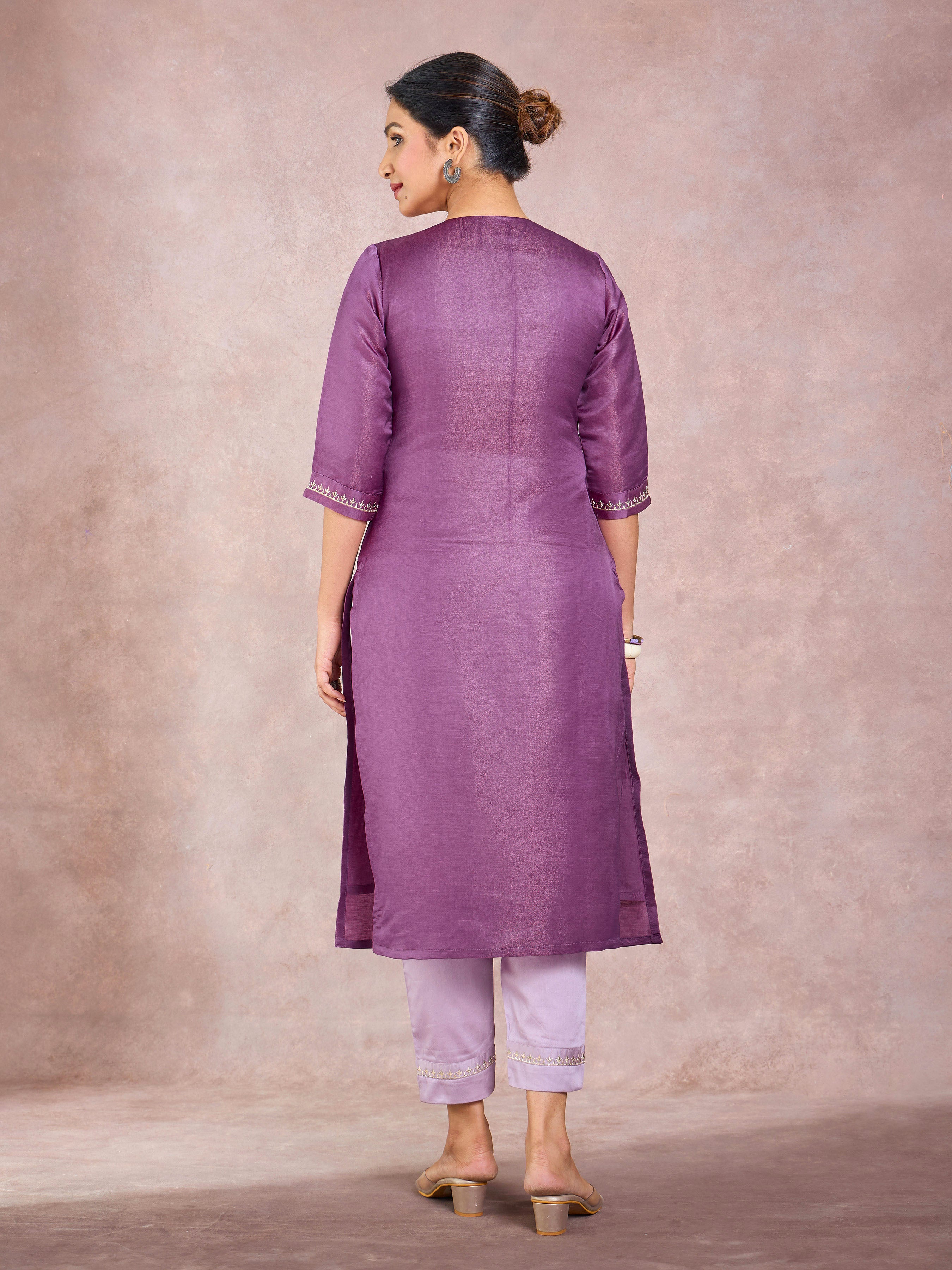 Purple Satin Shimmer Kurti & Bottom Set With Hand Work
