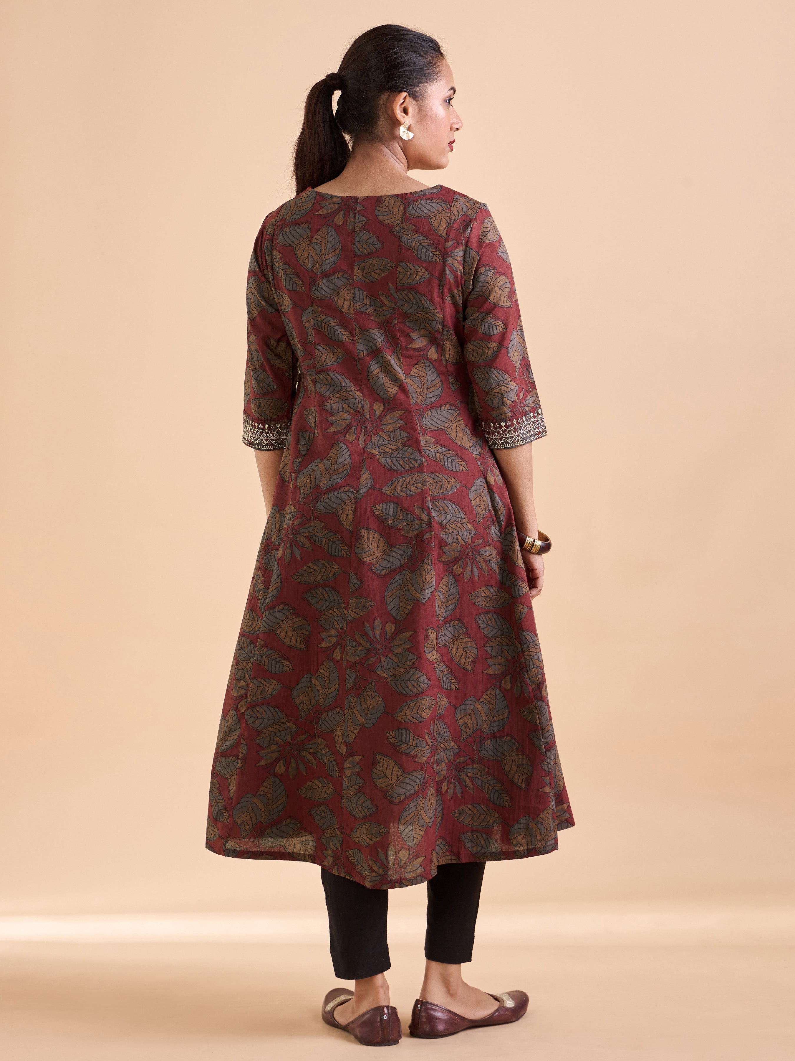 Maroon Pure Cotton Printed Kali Cut Kurti With Embroidery & Sequins Work