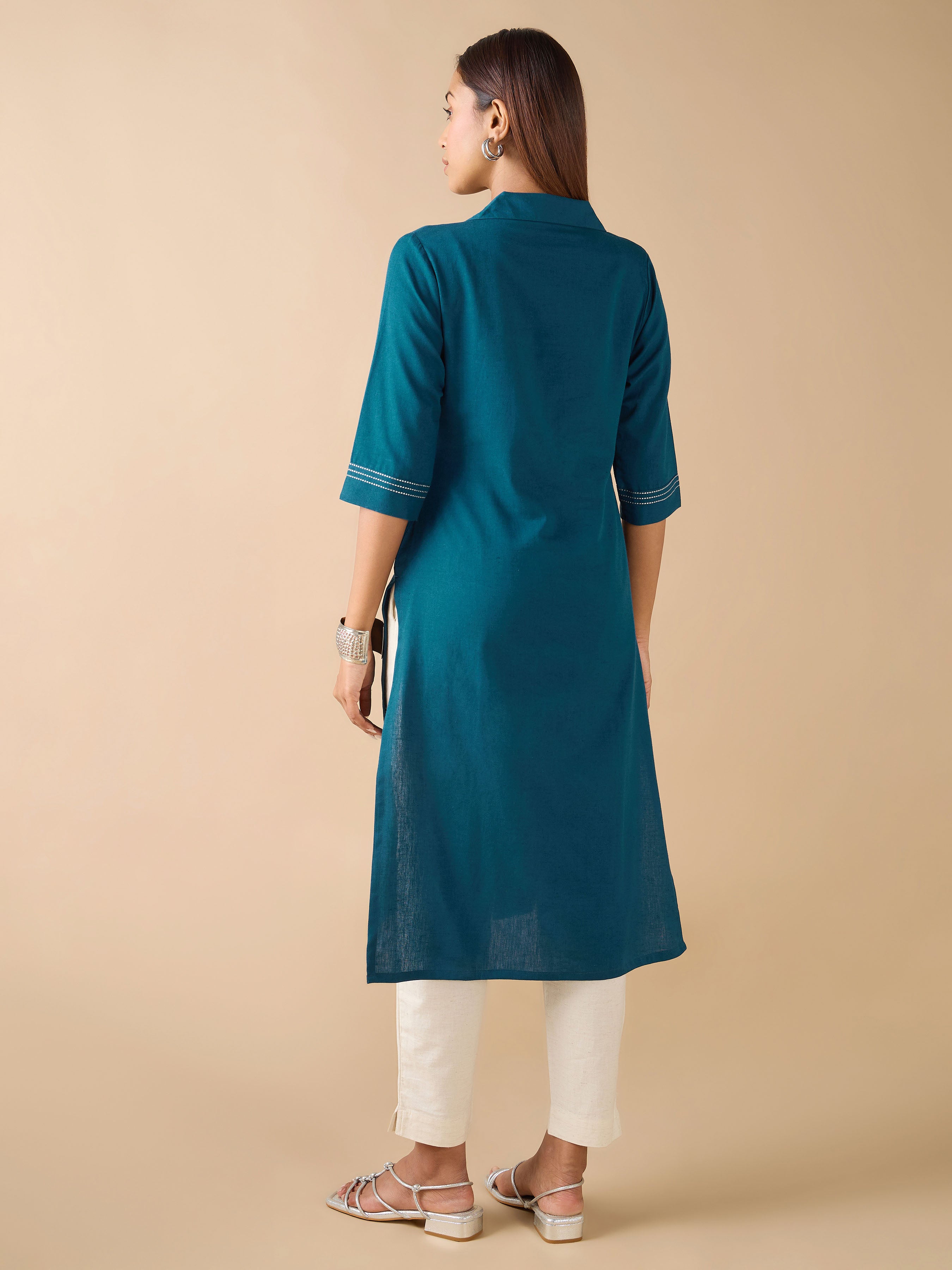 Denim Blue Cotton Flax Kurti With Cross Stitch Embroidery