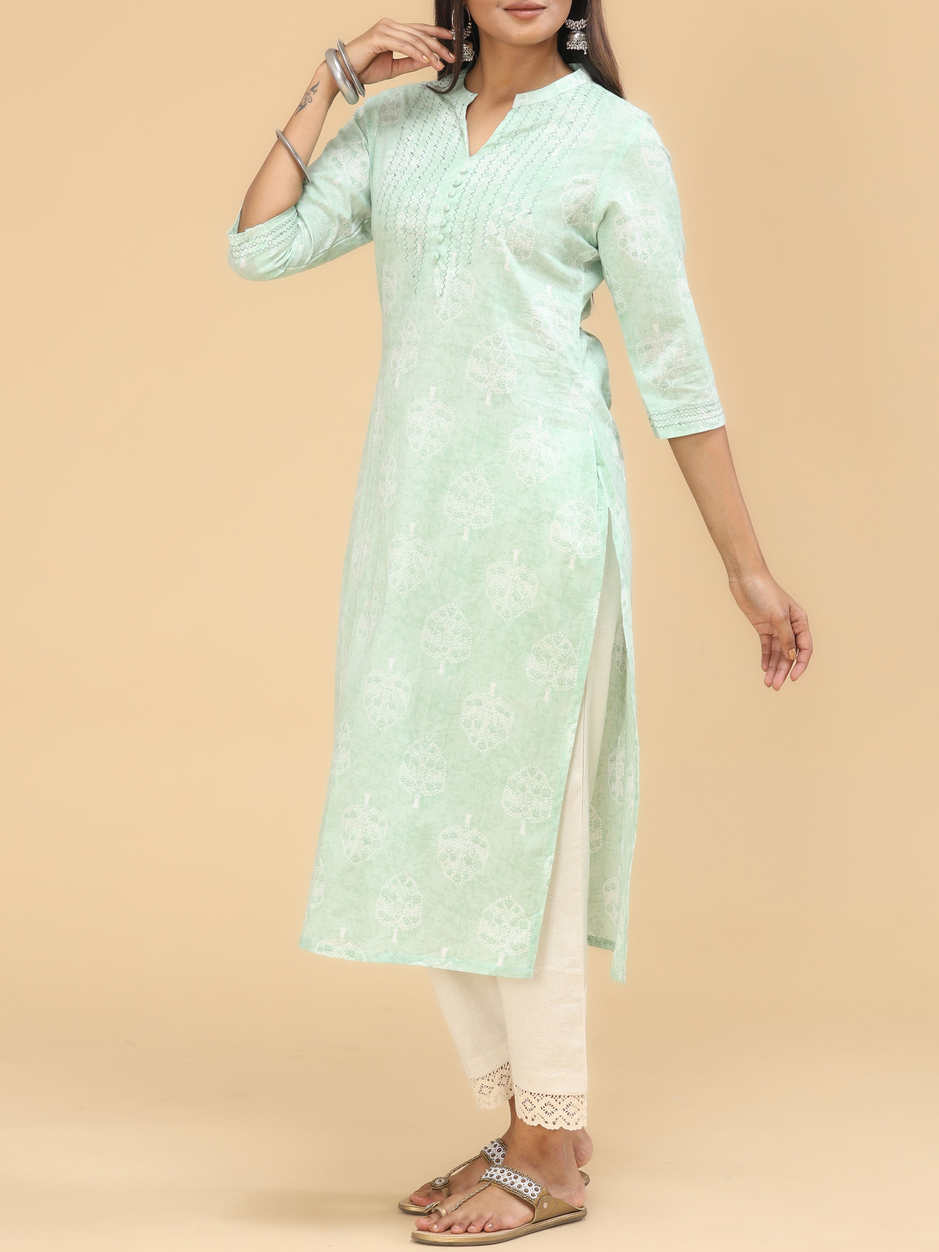 Light Green Pure Cotton Kurti With Print