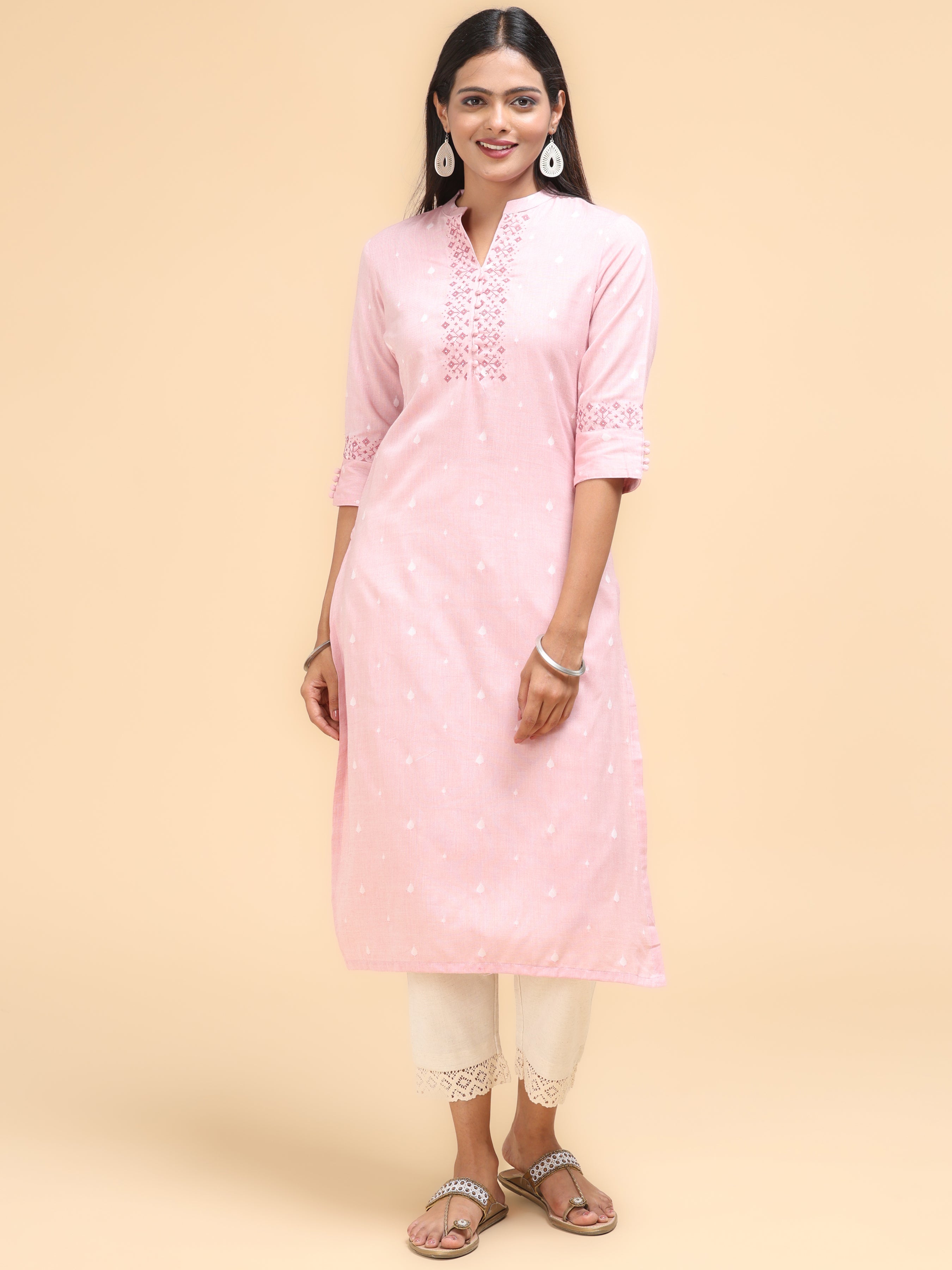 Light Pink Cotton Dobby Kurti With Embroidery