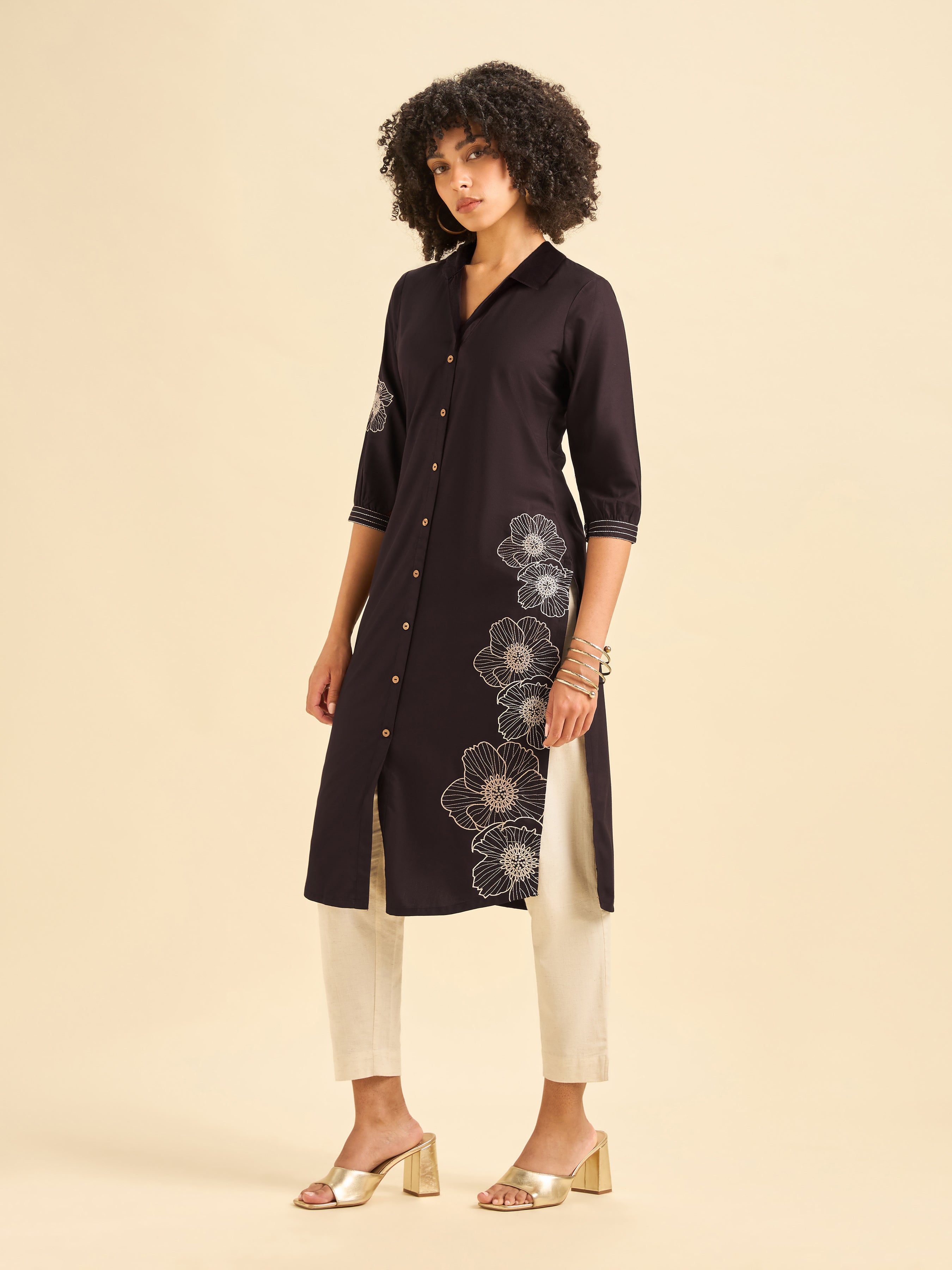 Coffee Brown Viscose Plain Slited Kurti With Embroidery