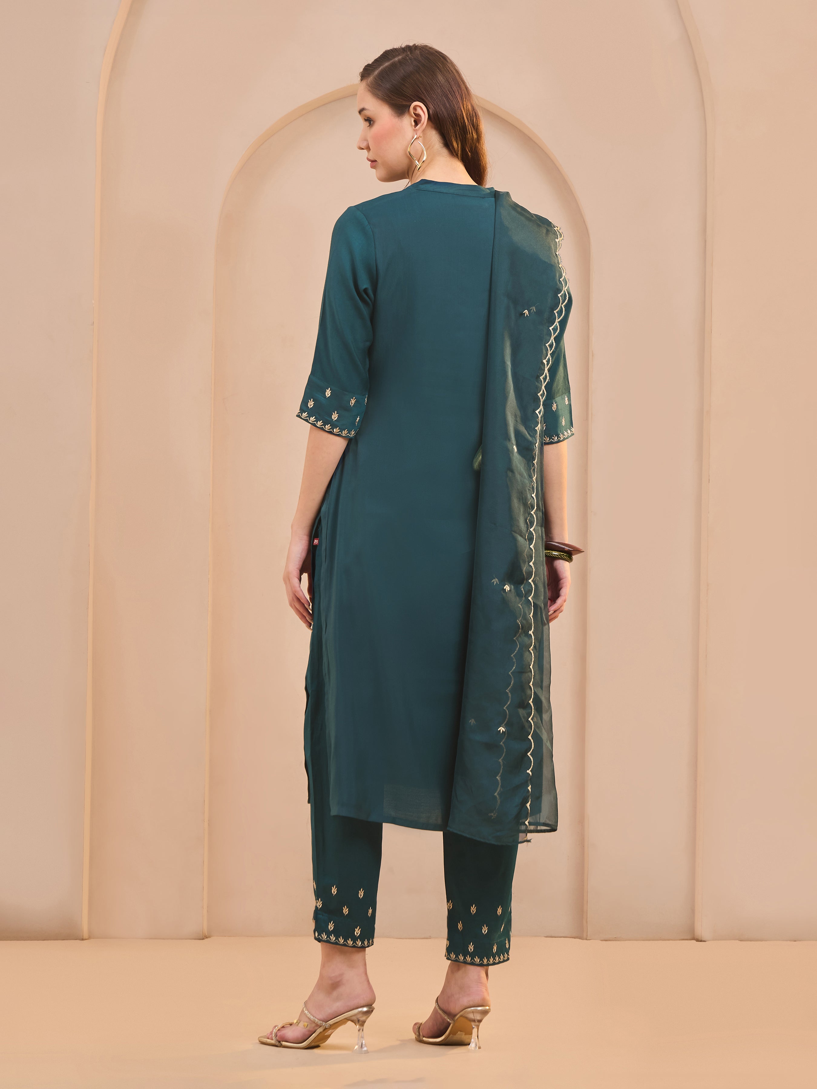 Teal Viscose Blend Kurti Set & Dupatta With Sequins Embroidery
