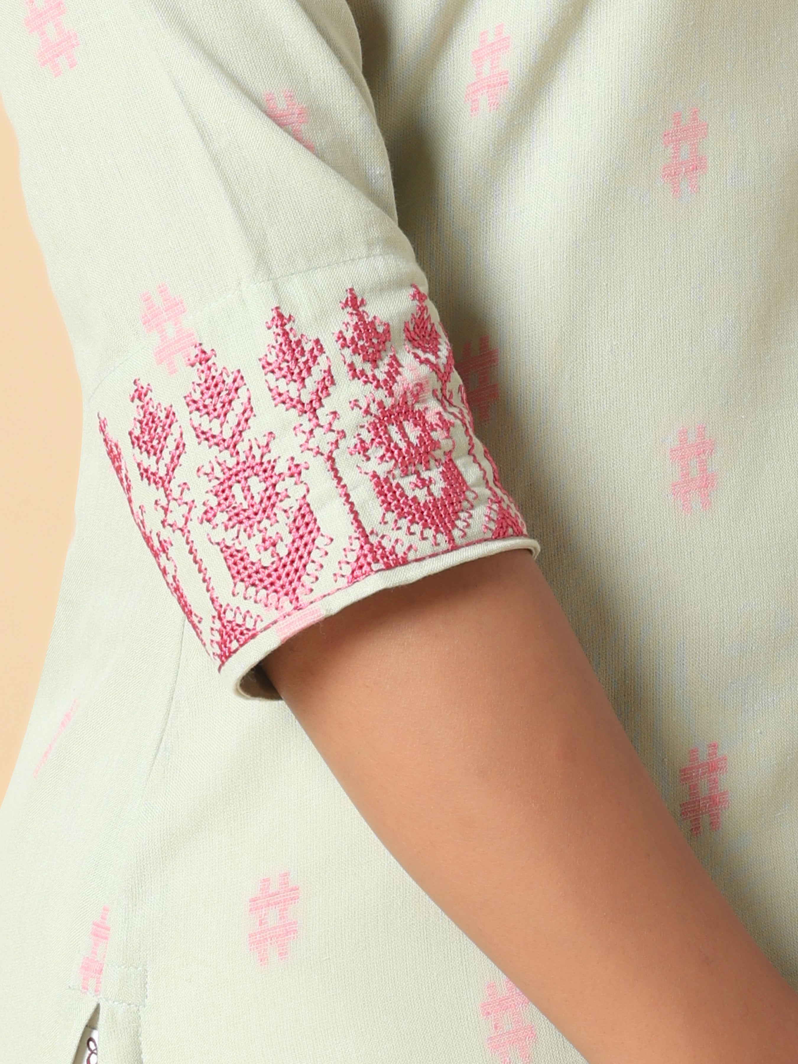 Pista Green Cotton Dobby Kurti With Embroidery