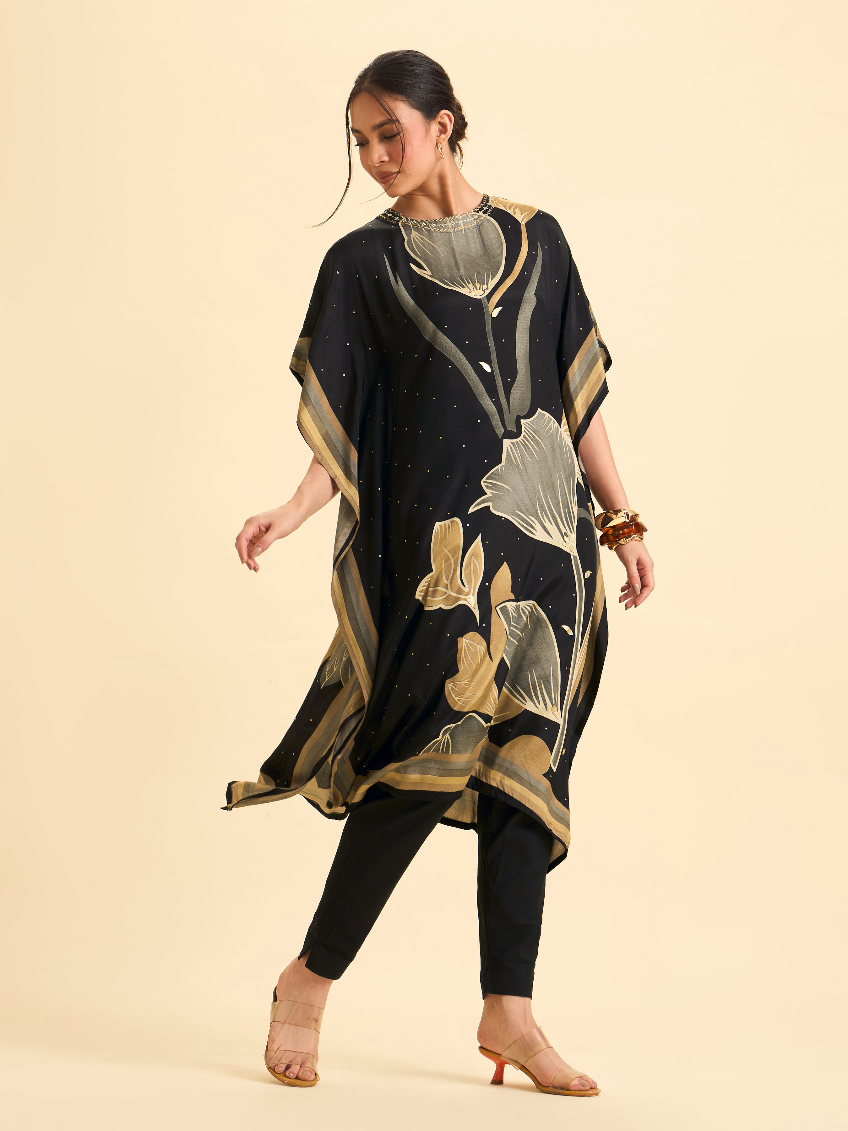 Black Modal Satin Printed Kaftan Kurti With Sequins Embroidery