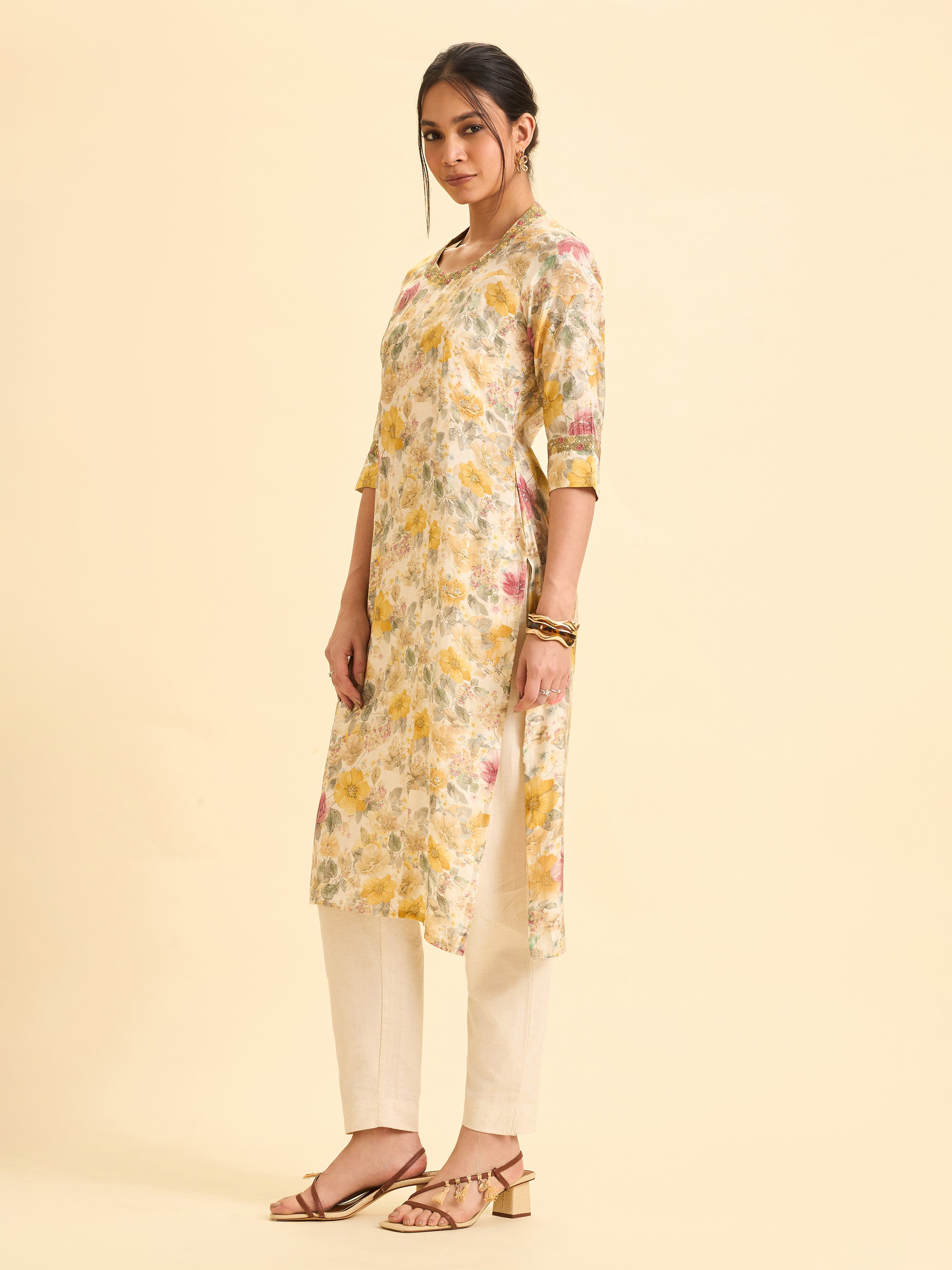 Ivory Modal Chanderi Printed Princess Cut Slitted Kurti With Embroidery