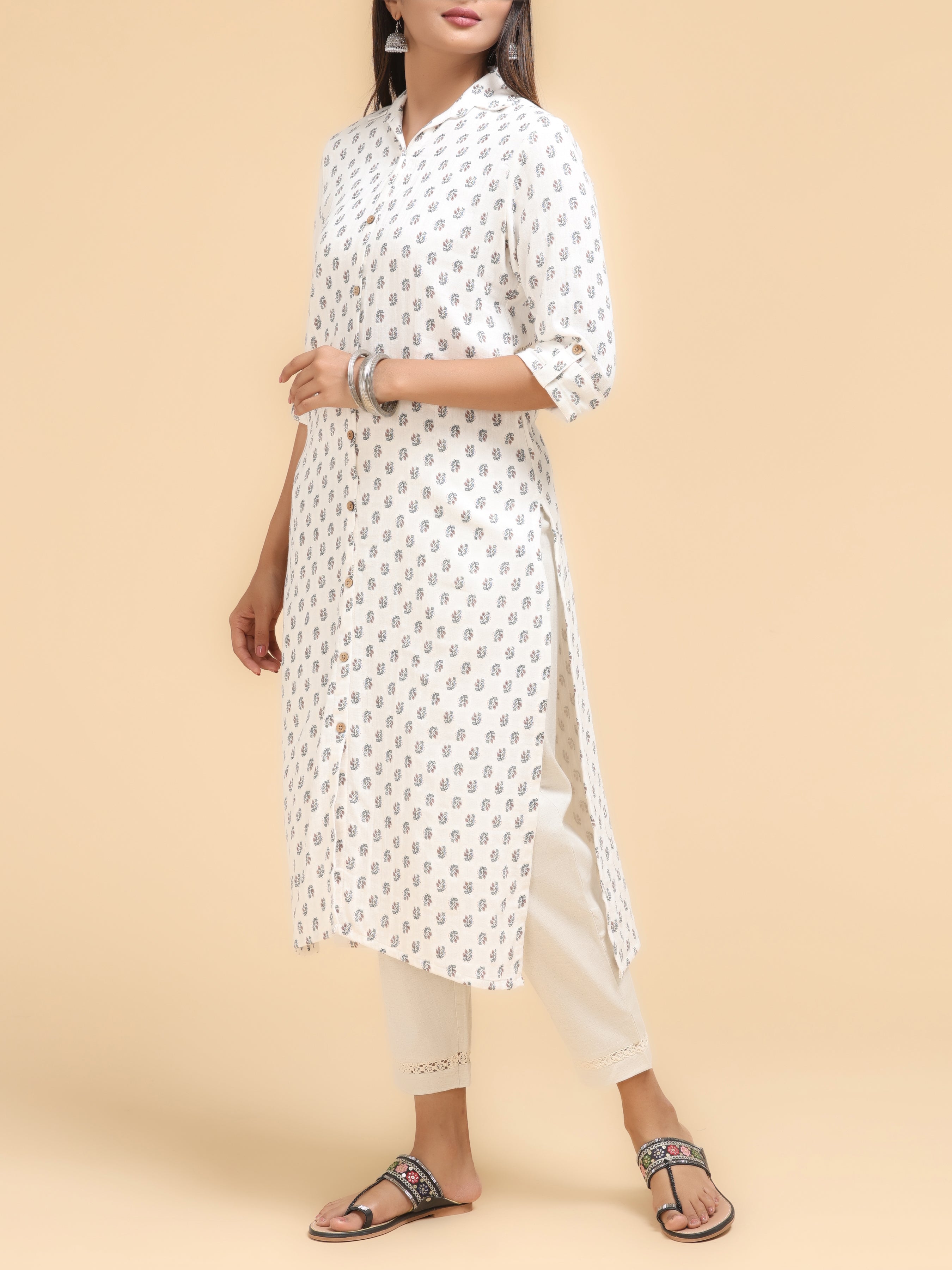 Off White Pure Cotton Kurti With Floral Print