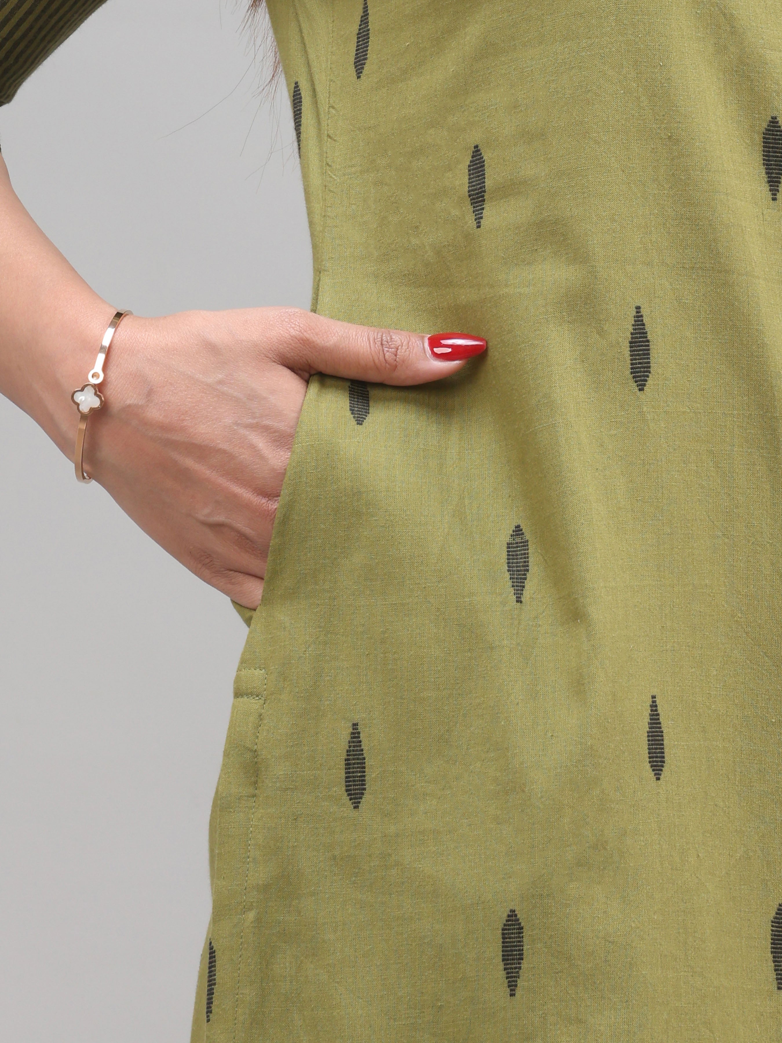 Olive Green Cotton Dobby Kurti With Print