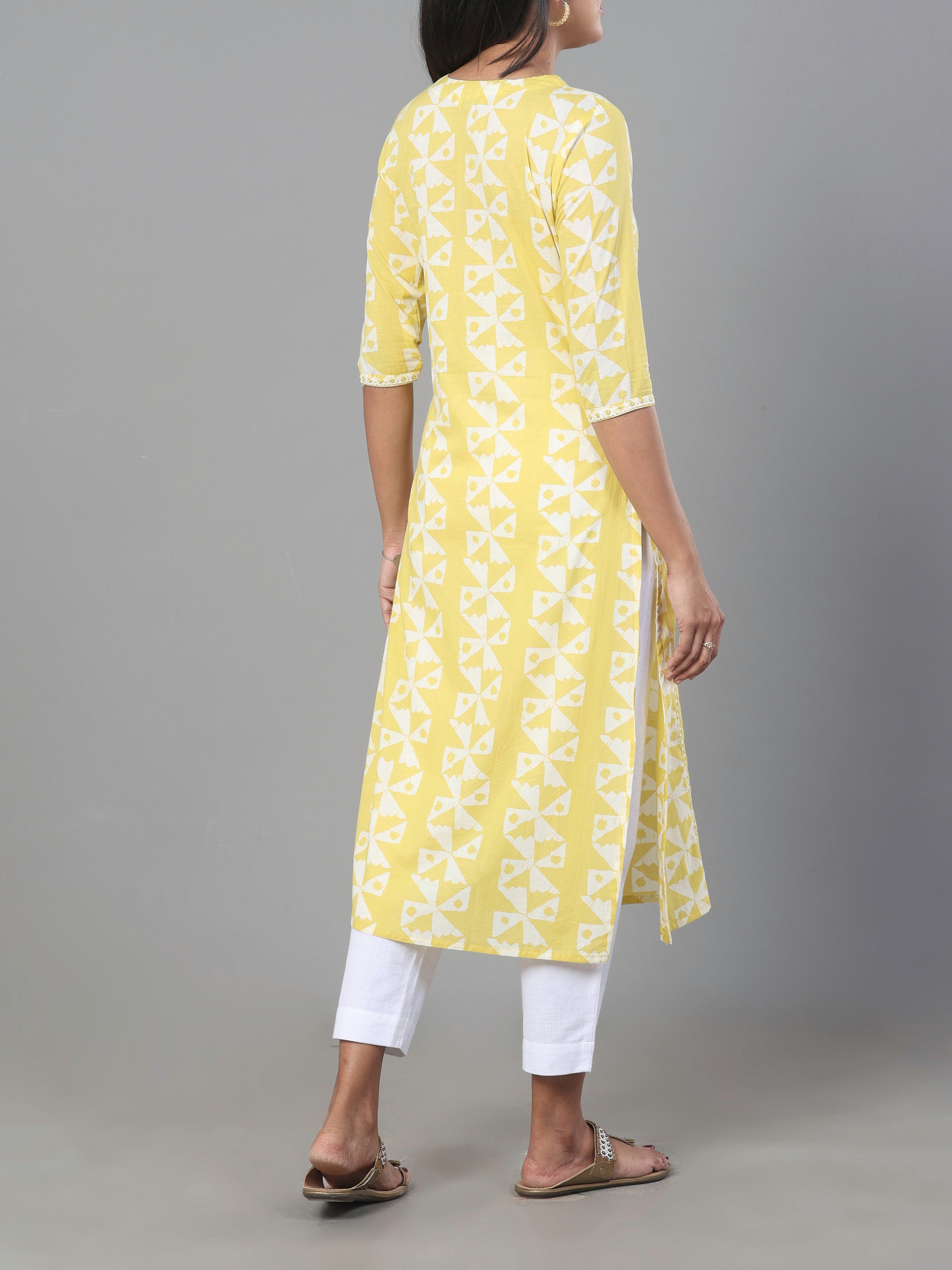 Pale Yellow Pure Cotton Kurti With Embroidery