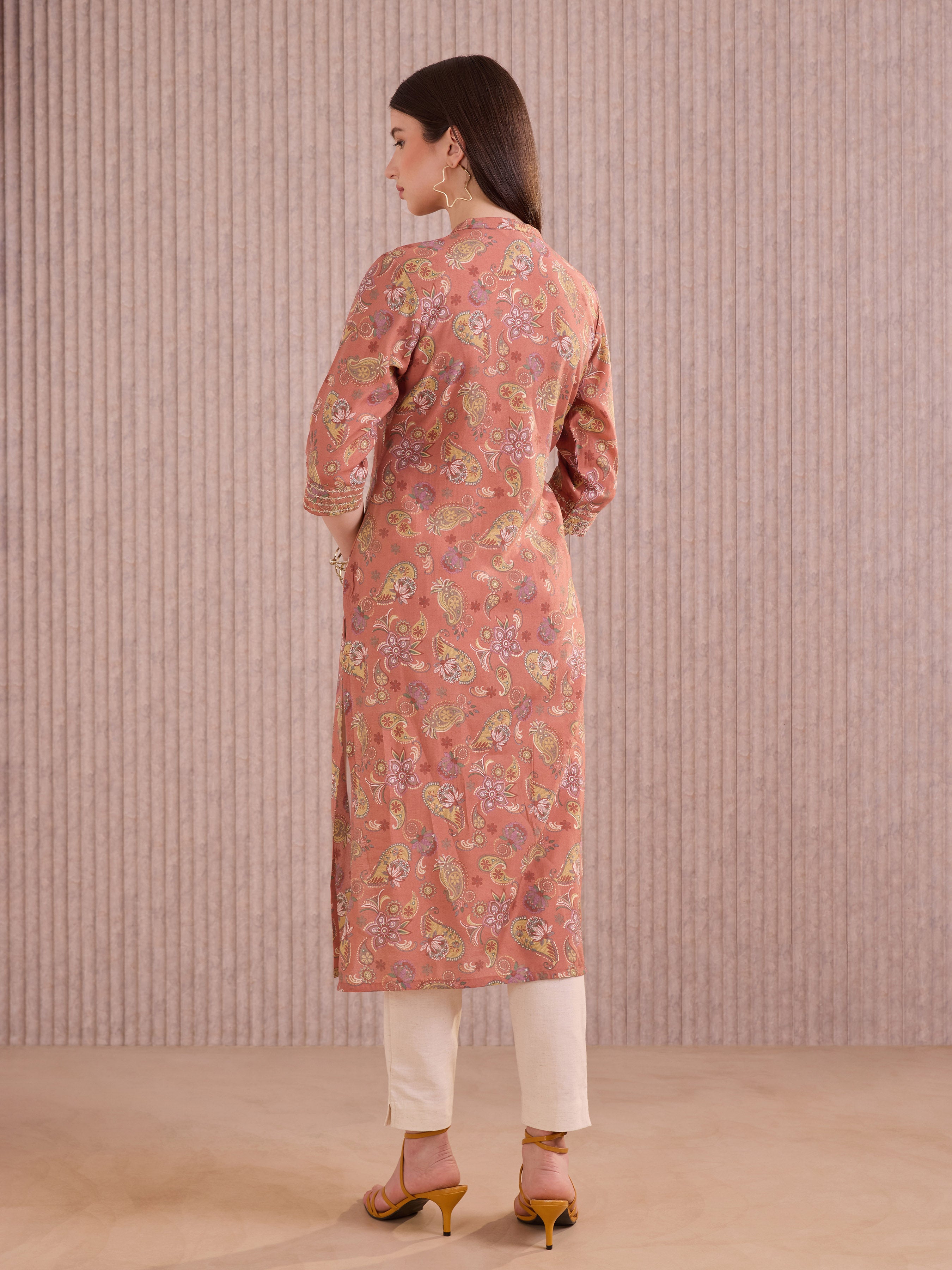 Orange Modal Chanderi Foil Printed Kurti With Seqiuins Embroidery