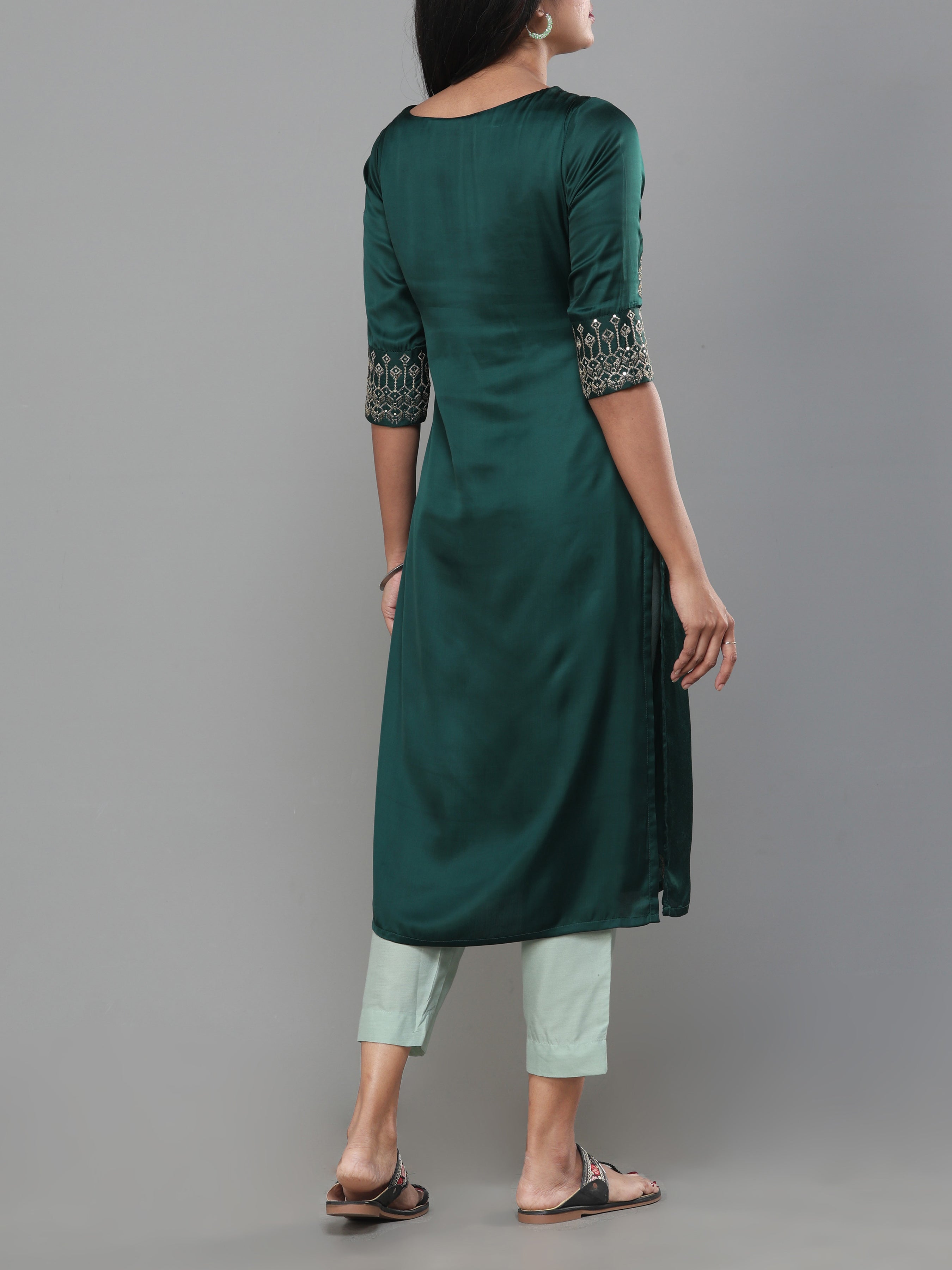 Bottle Green Satin Kurti With Matching Bottom
