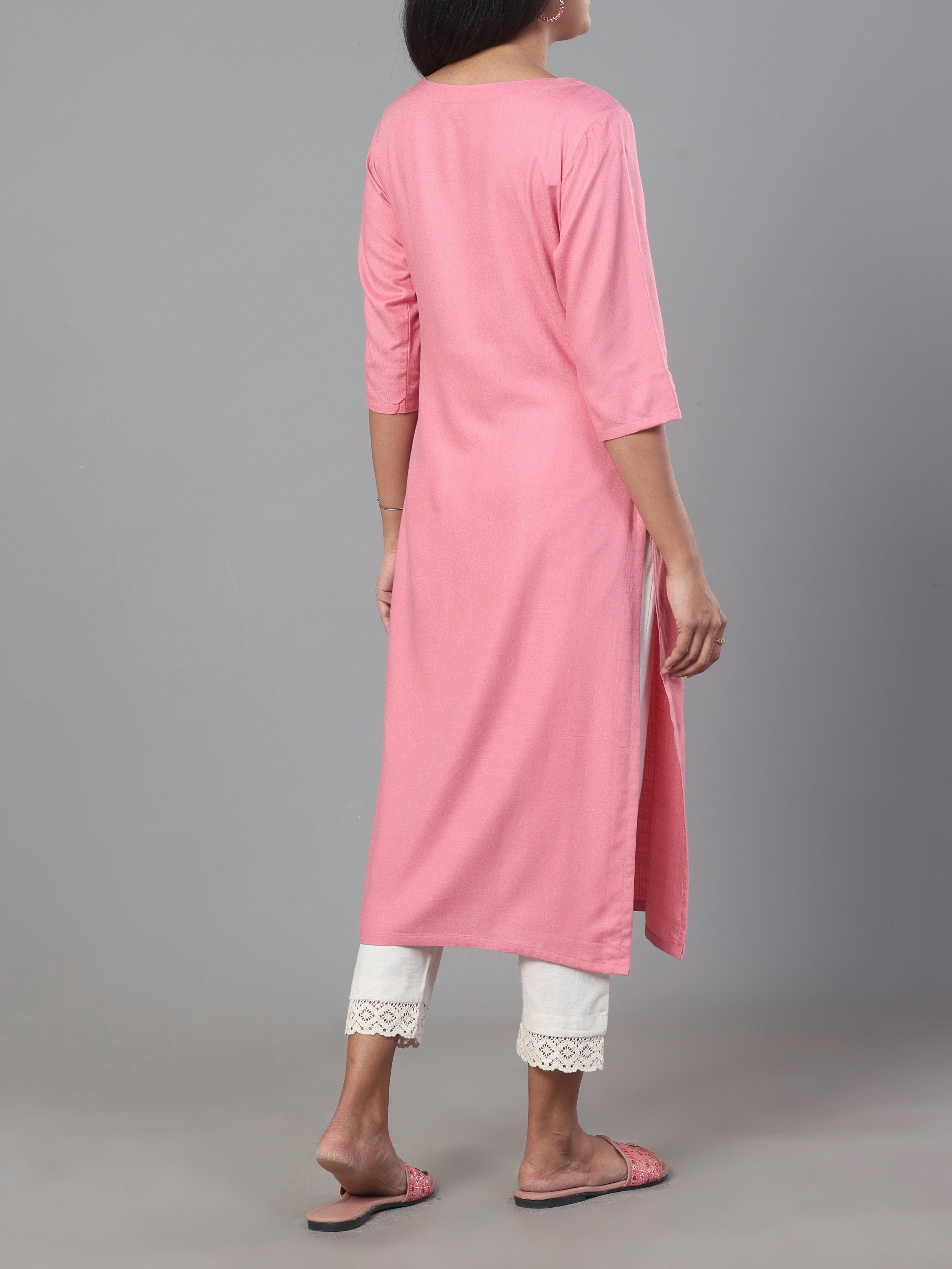Pink Viscose Twill Plain Kurti With Embroidery