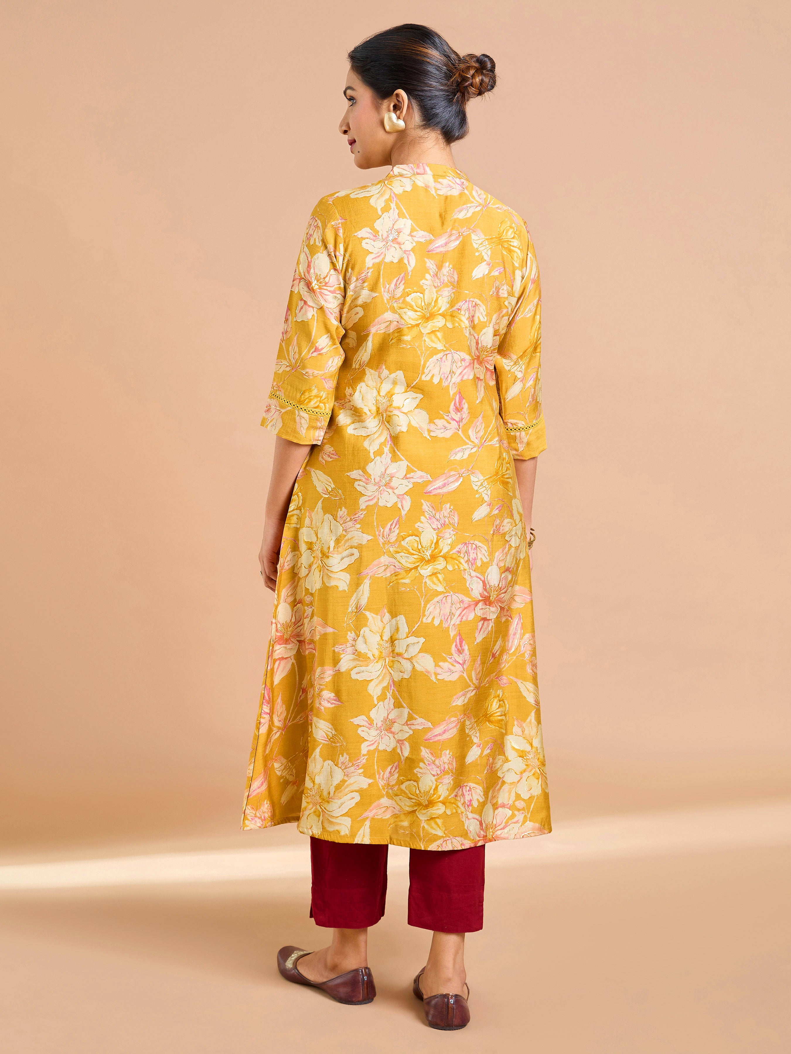 Mustard Yellow Modal Chanderi Printed Kurti With Embroidery