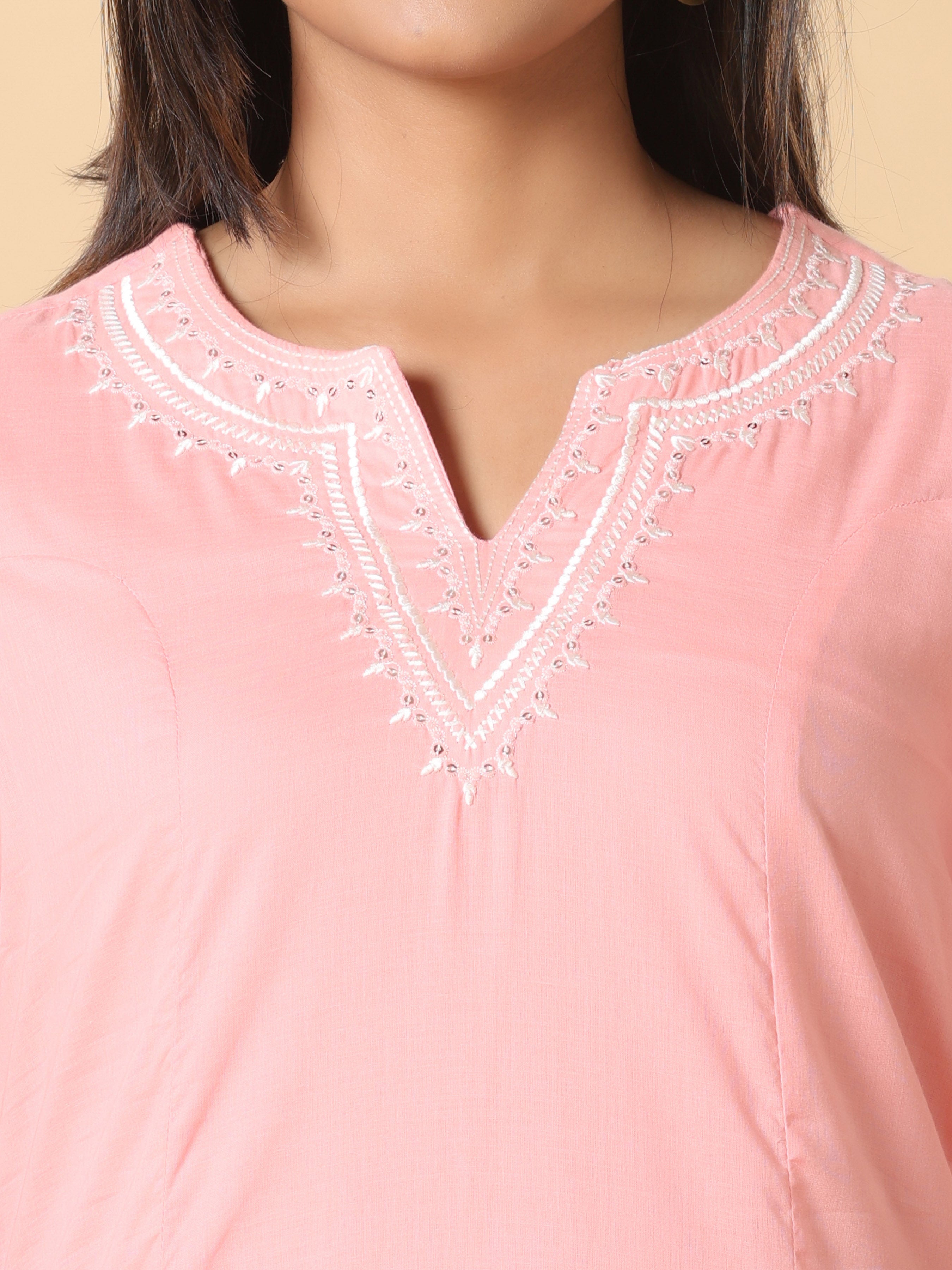 Light Pink Pure Cotton Kurti With Embroidery