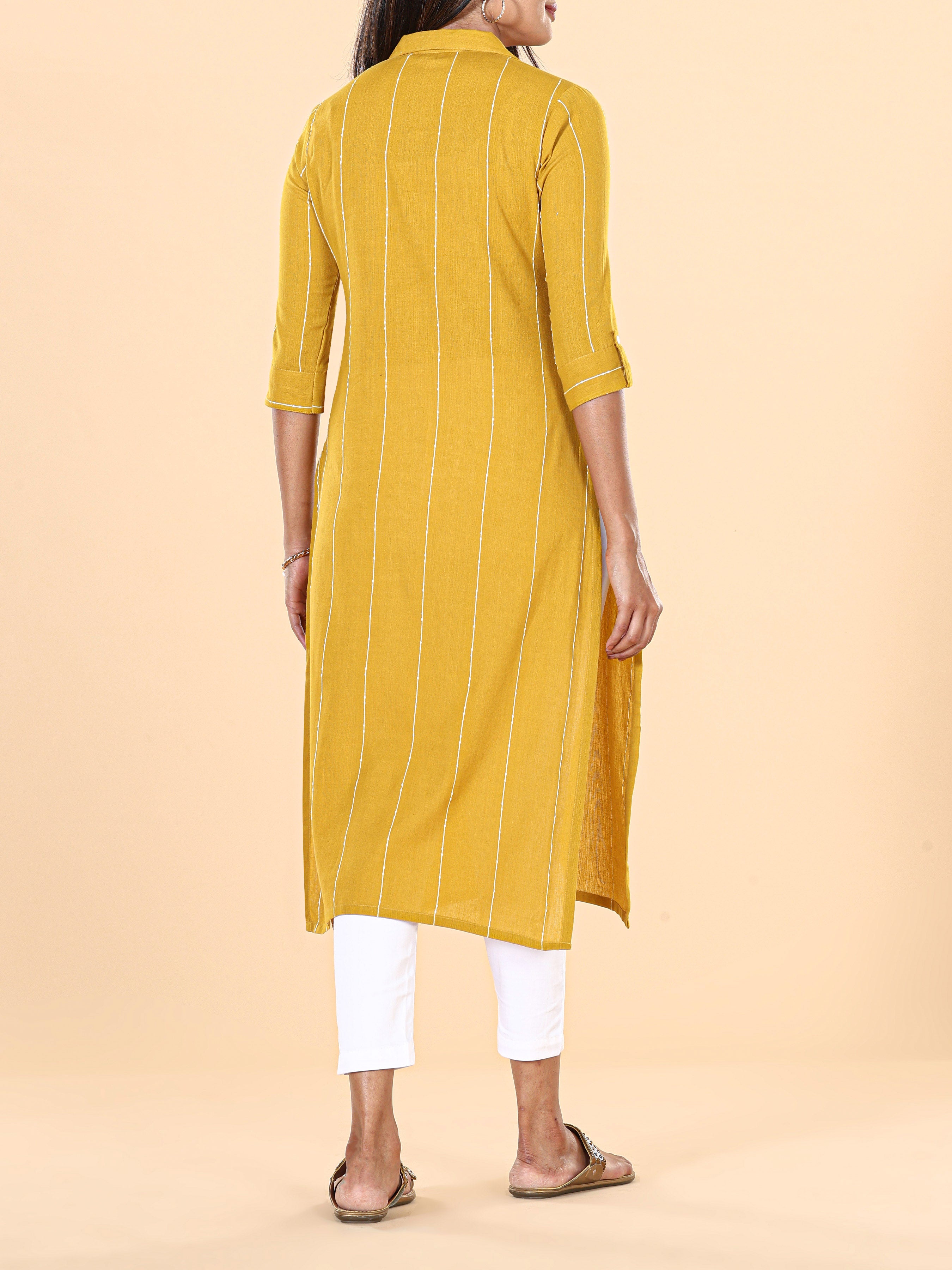 Mustard Yellow Cotton Dobby Kurti With Shirt Collar