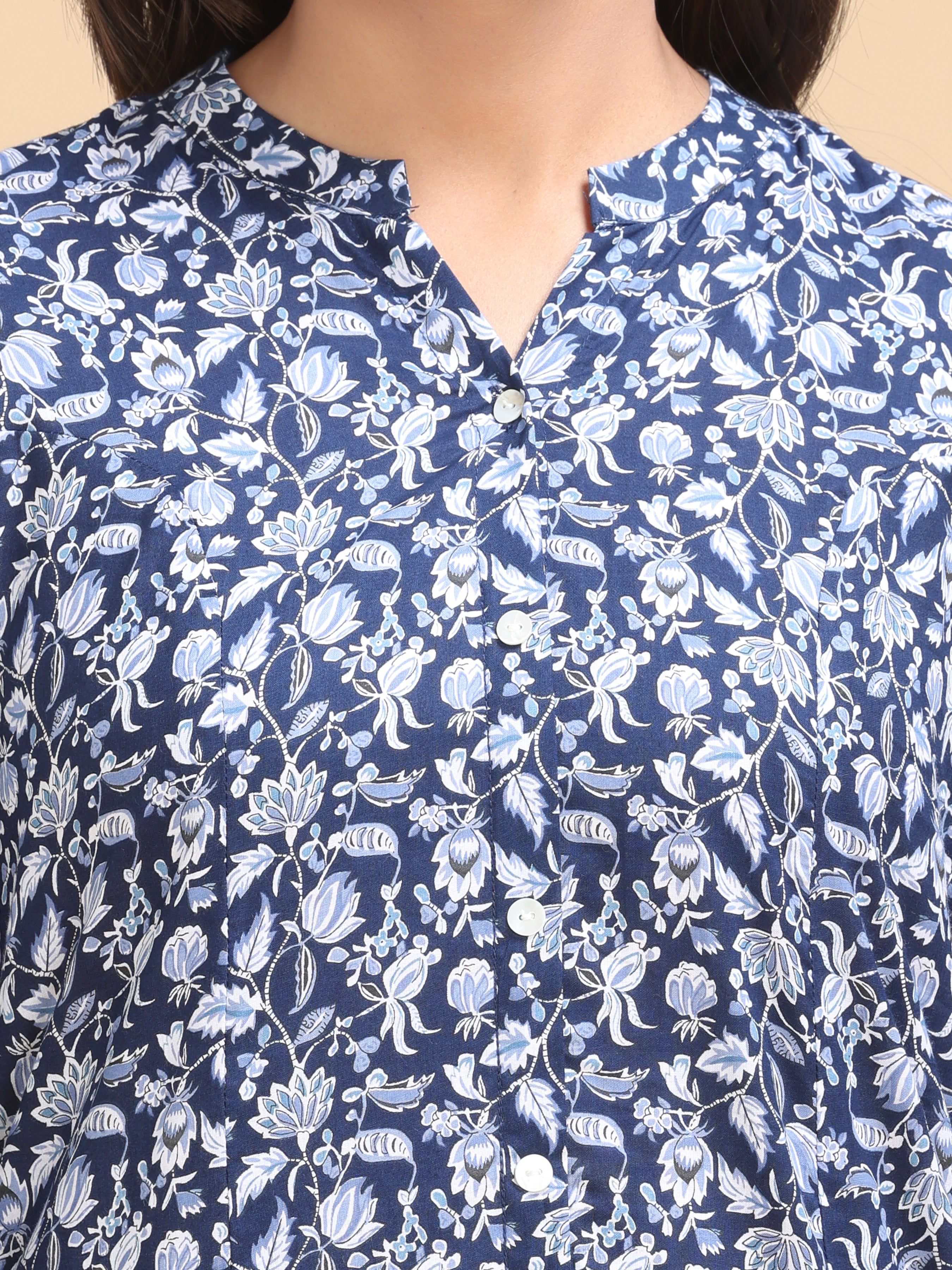 Blue Viscose Kurti With Floral Print