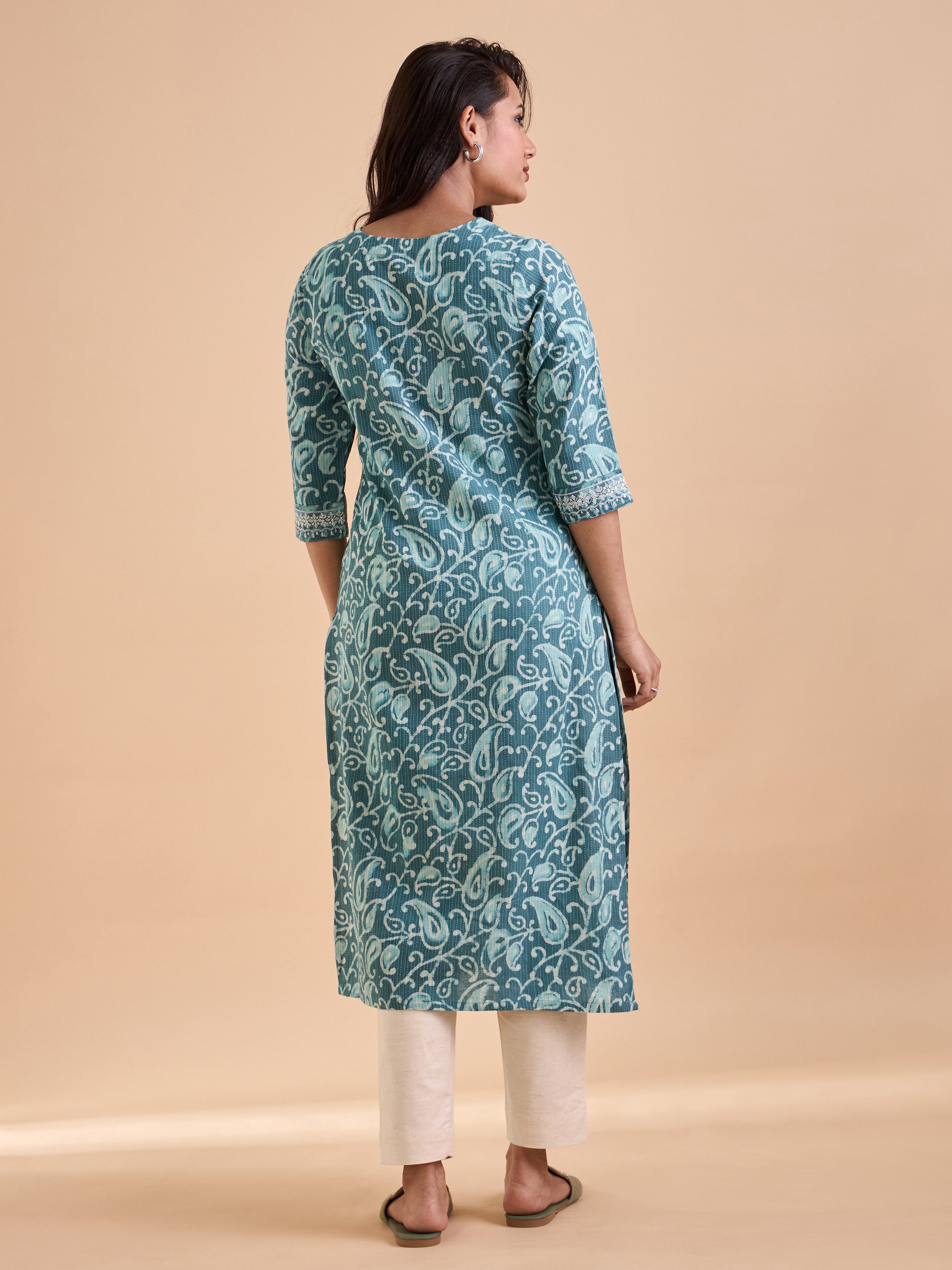 Aqua green Cotton Katha Printed Kurti With Embroidery Sequins Work